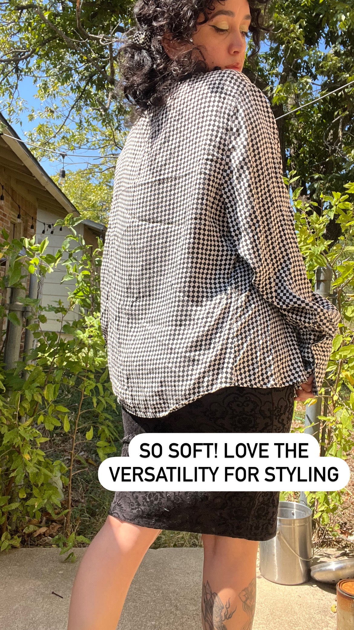 90s silk checkered button up + y2k silk shawl for ashley