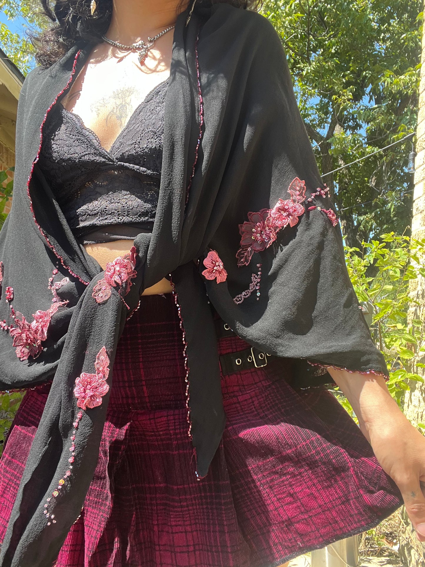 90s silk checkered button up + y2k silk shawl for ashley