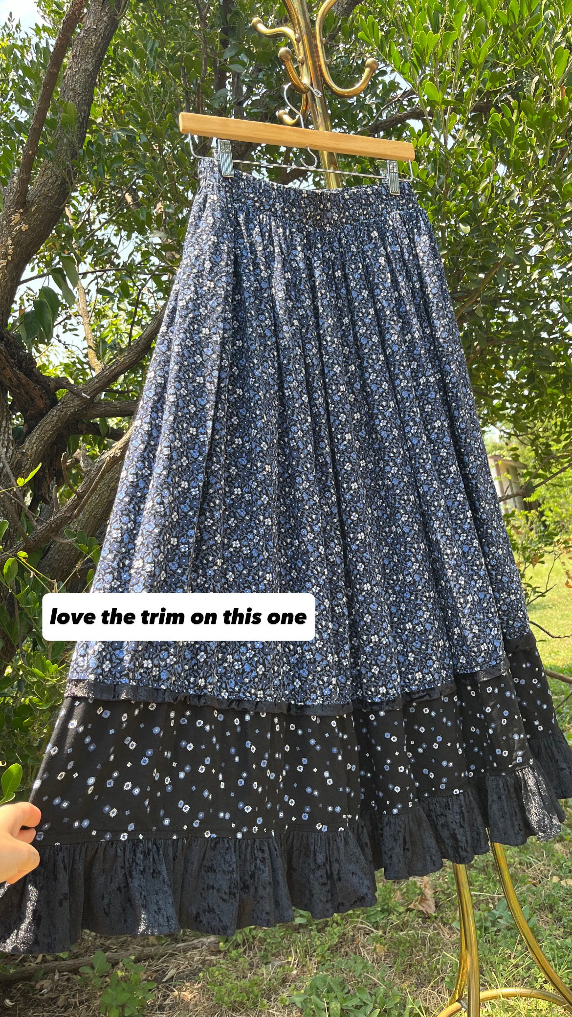 90s dreamy floral robe + black/ blue floral maxi skirt for maya