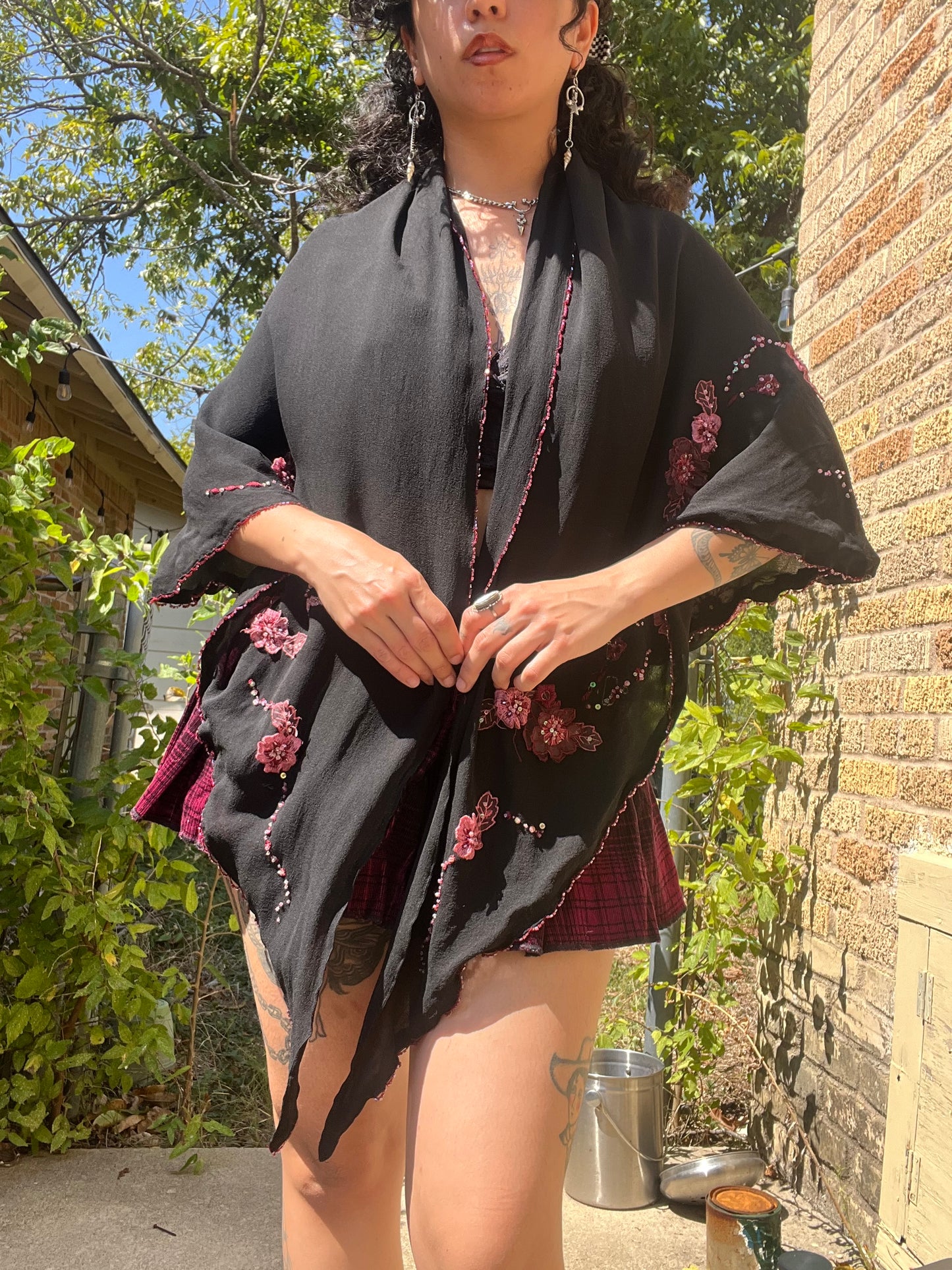 90s silk checkered button up + y2k silk shawl for ashley
