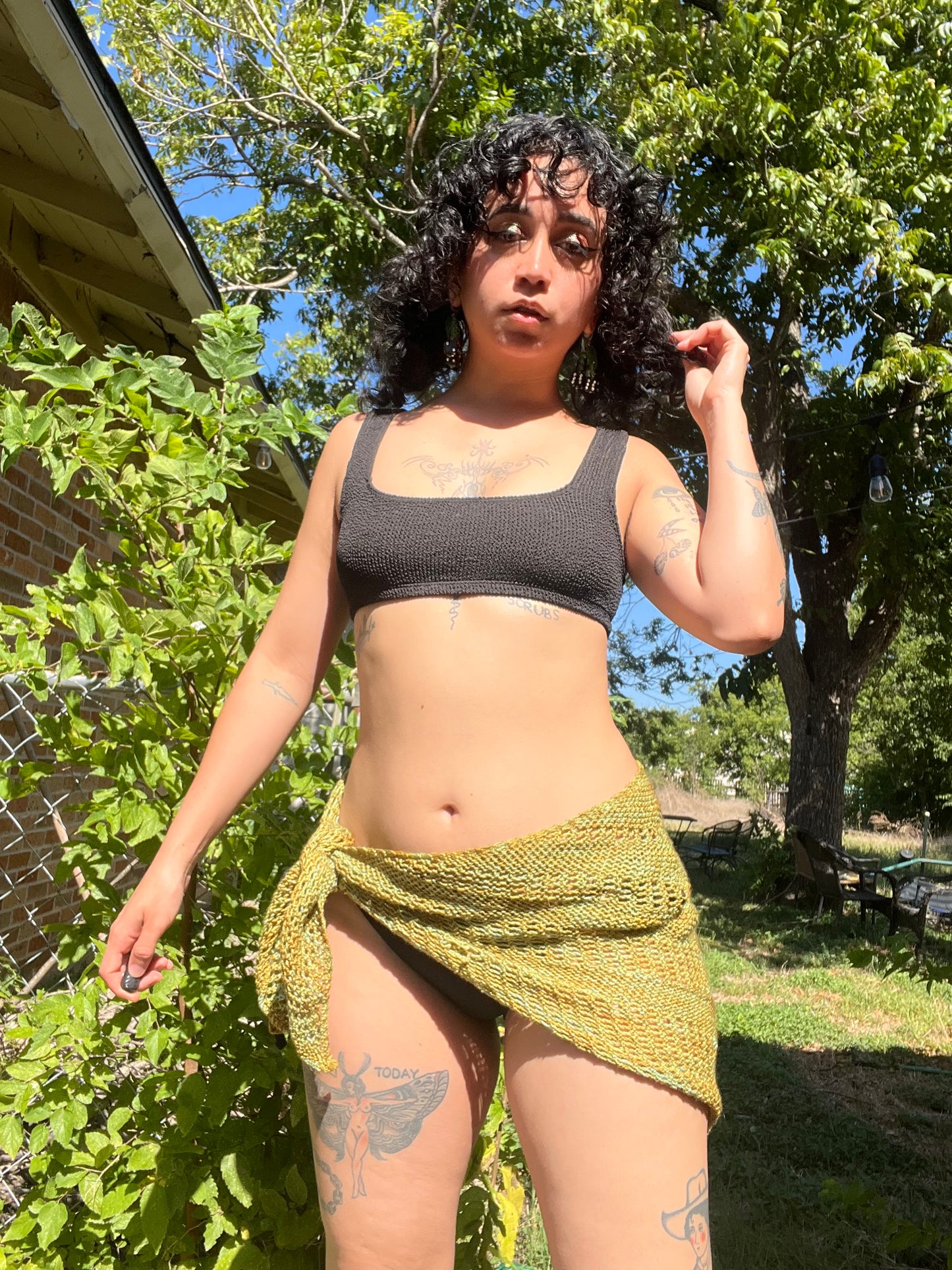black & white frederick’s of hollywood swim bottoms + crochet wrap for jade
