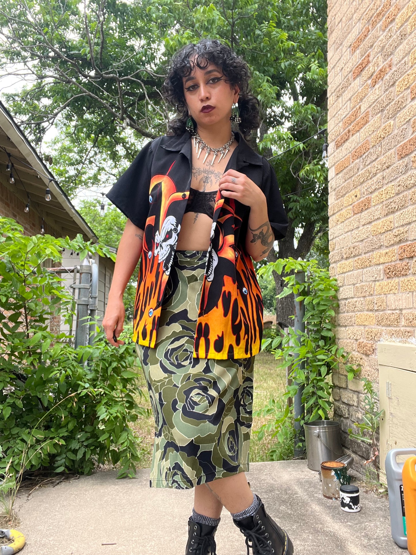 y2k red lace babydoll + 90s/y2k flame joker button up