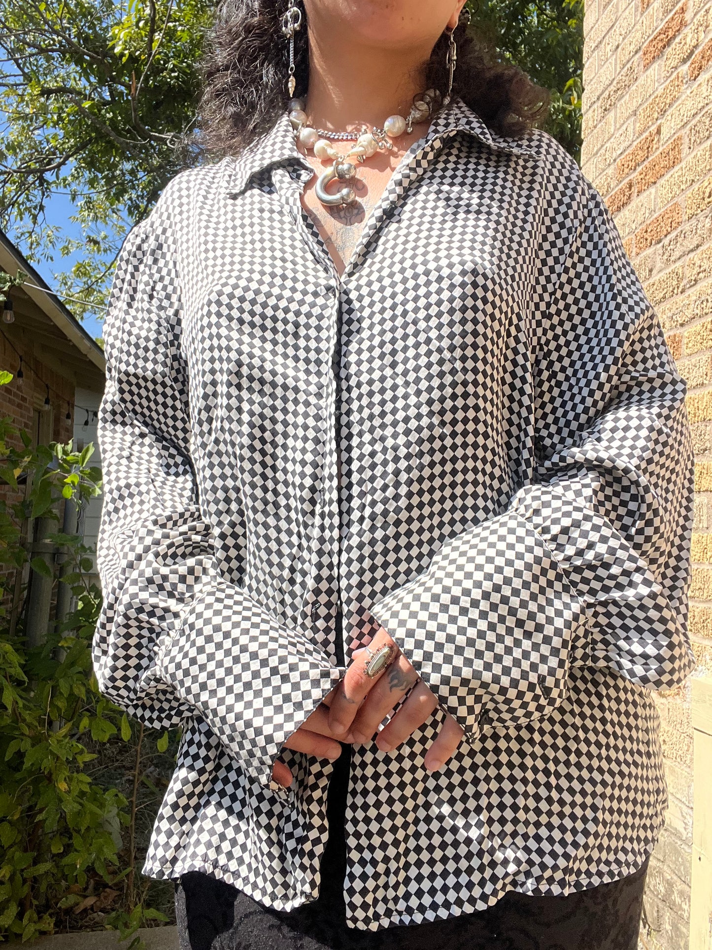 90s silk checkered button up + y2k silk shawl for ashley