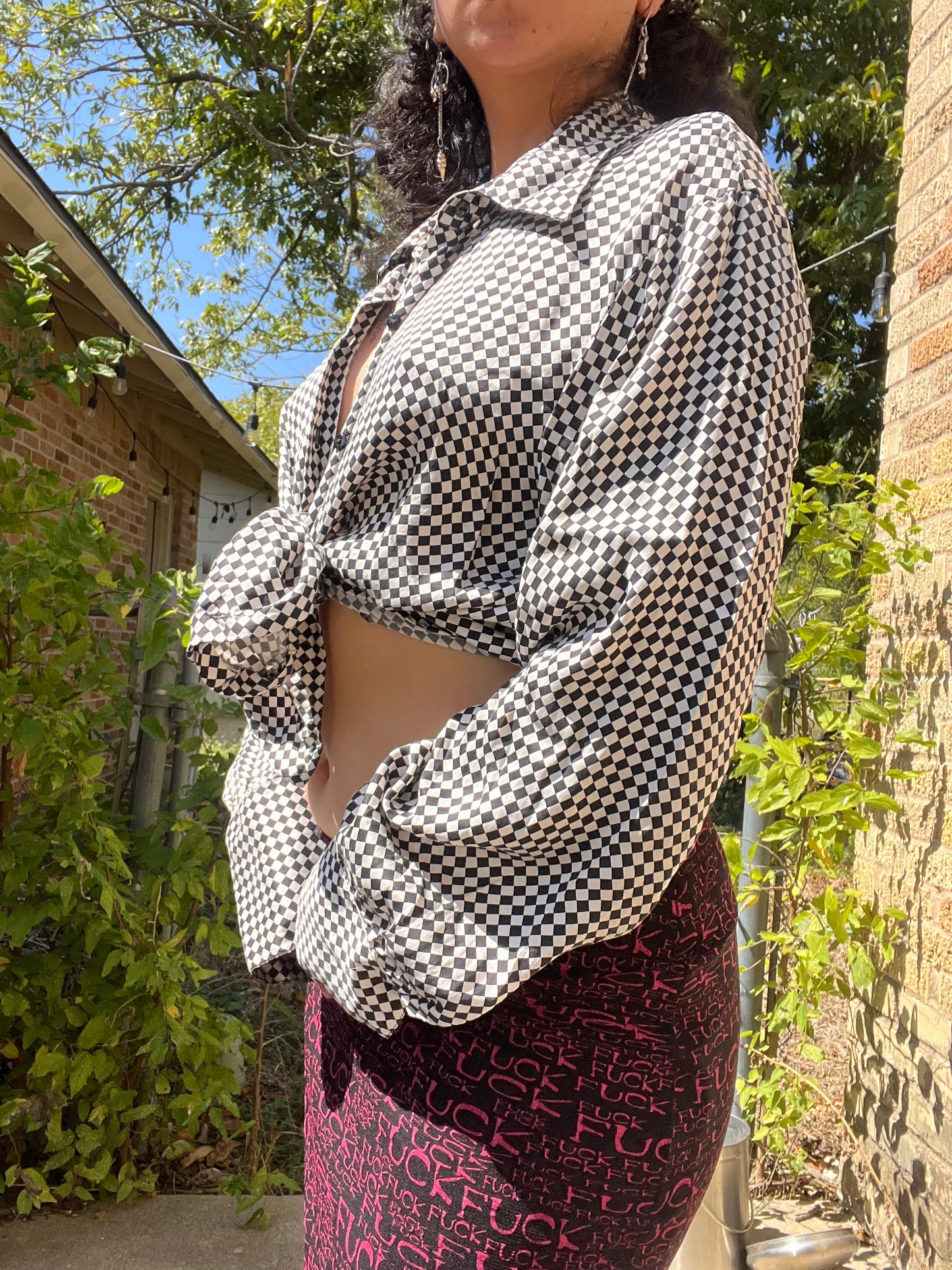 90s silk checkered button up + y2k silk shawl for ashley