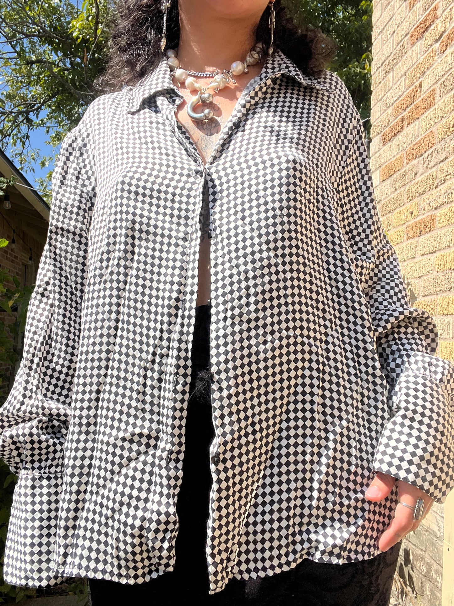 90s silk checkered button up + y2k silk shawl for ashley