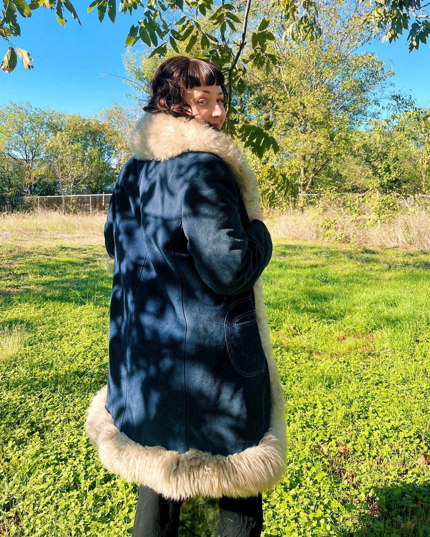 1970s blue suede penny lane coat for Adriana