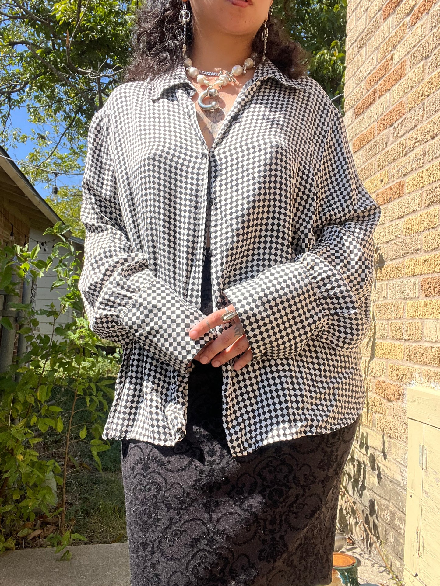 90s silk checkered button up + y2k silk shawl for ashley