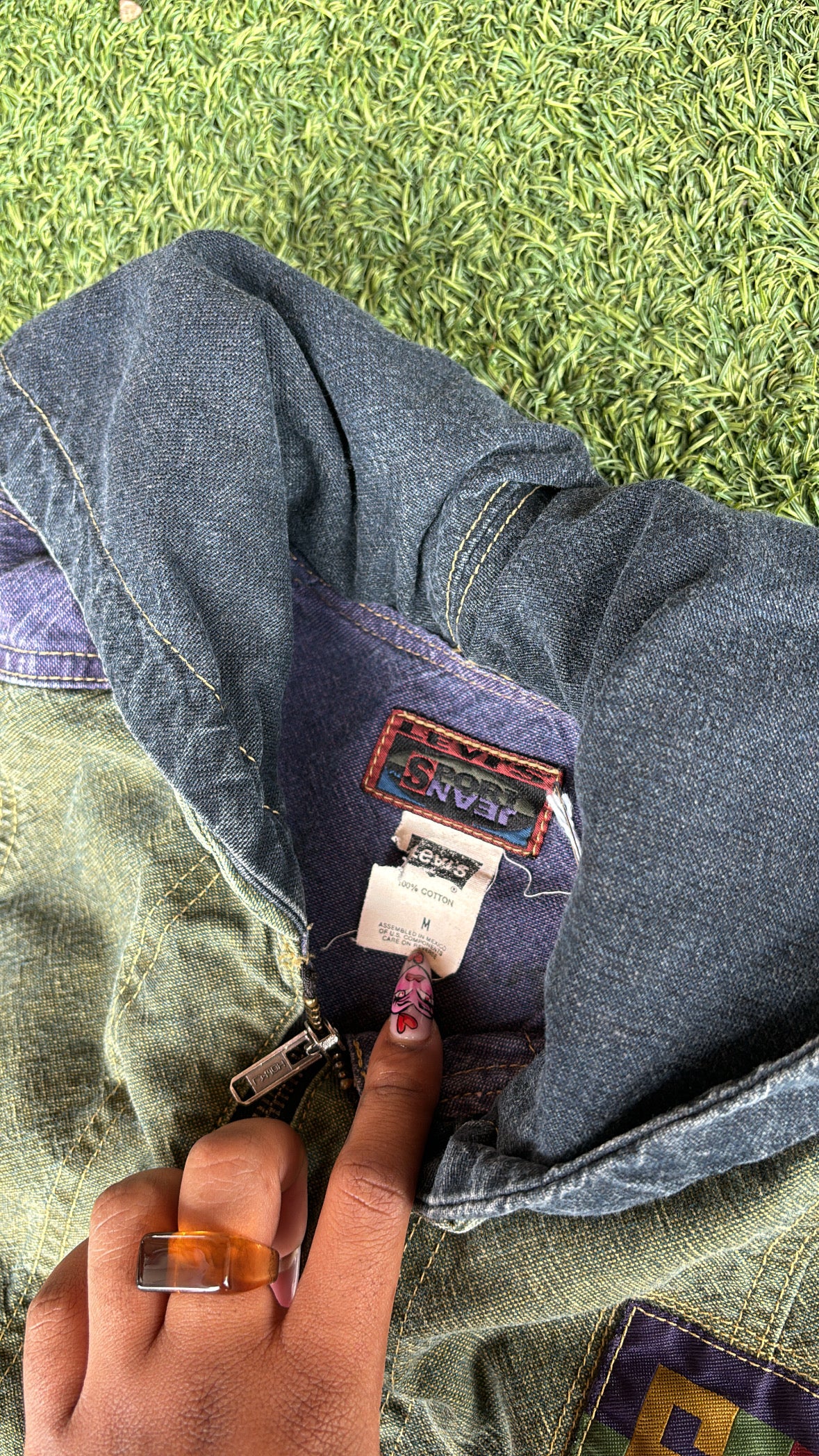 90s colorblock denim jacket + 60s/70s chartreuse floral maxi for katelynn