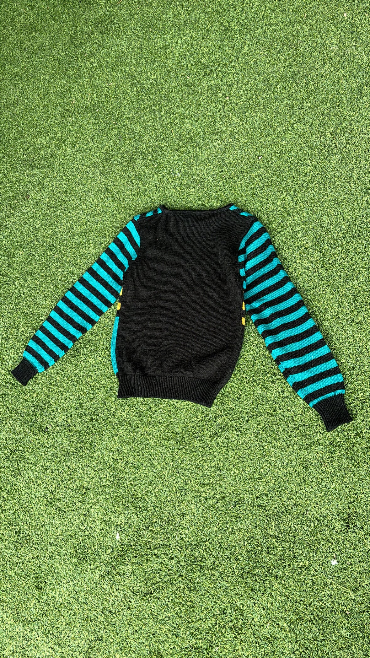 80s/90s teal stripe + checker sweater for kelsey