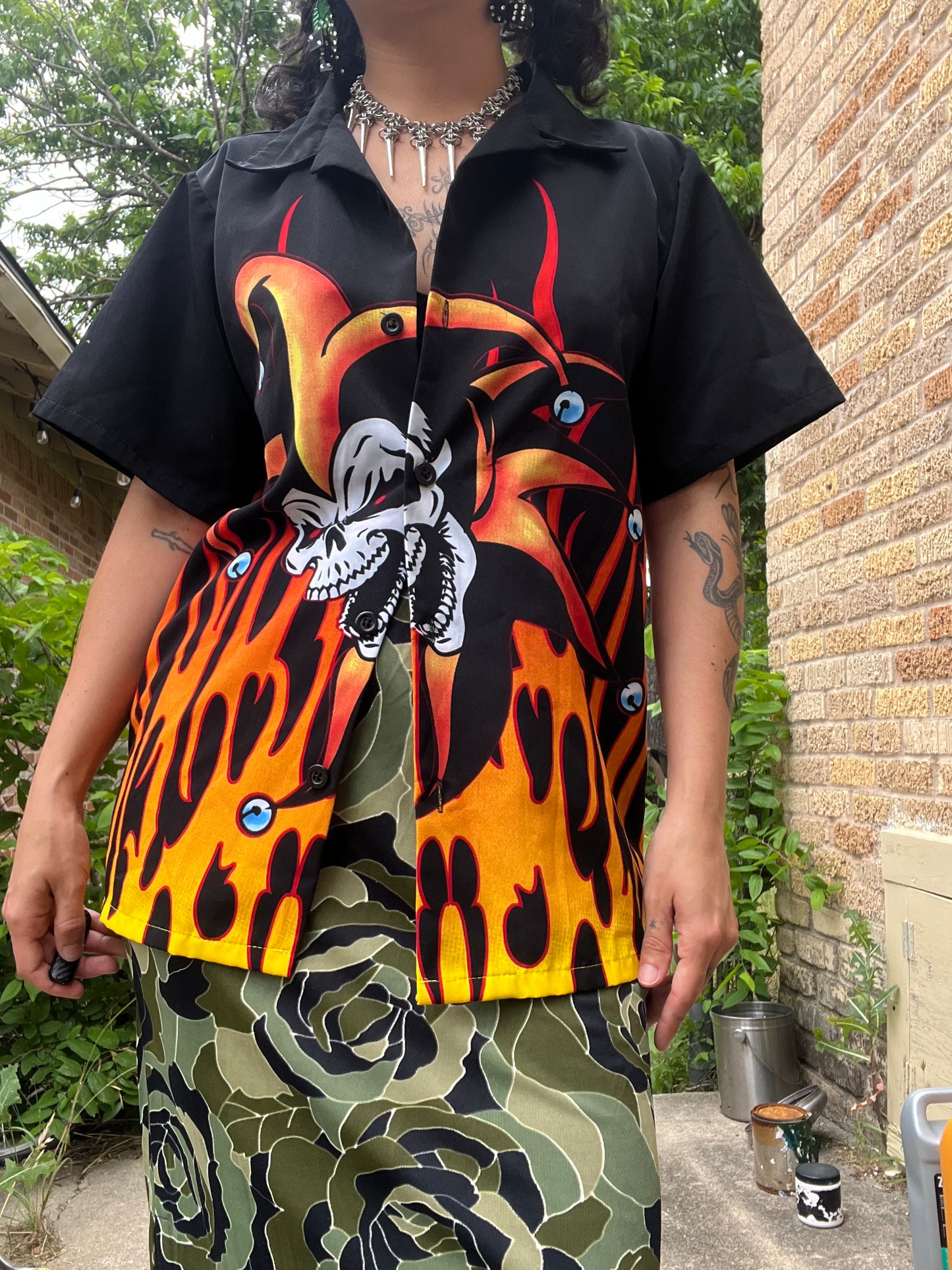 y2k red lace babydoll + 90s/y2k flame joker button up