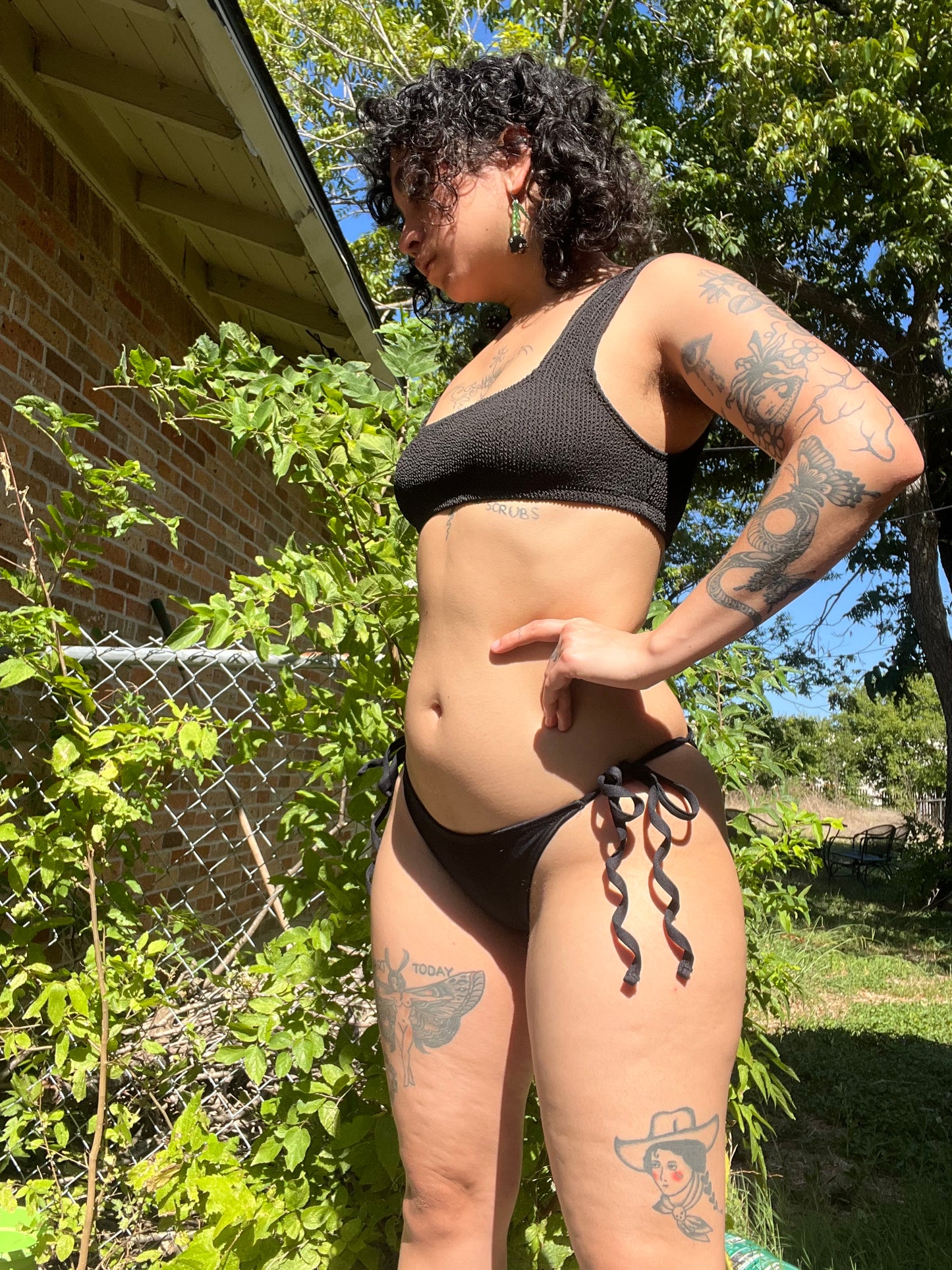 black & white frederick’s of hollywood swim bottoms + crochet wrap for jade