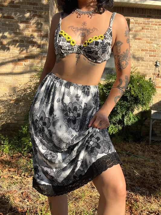 1990s B&W Floral Midi Skirt