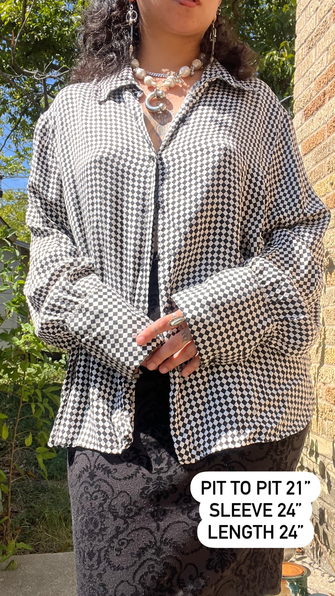 90s silk checkered button up + y2k silk shawl for ashley