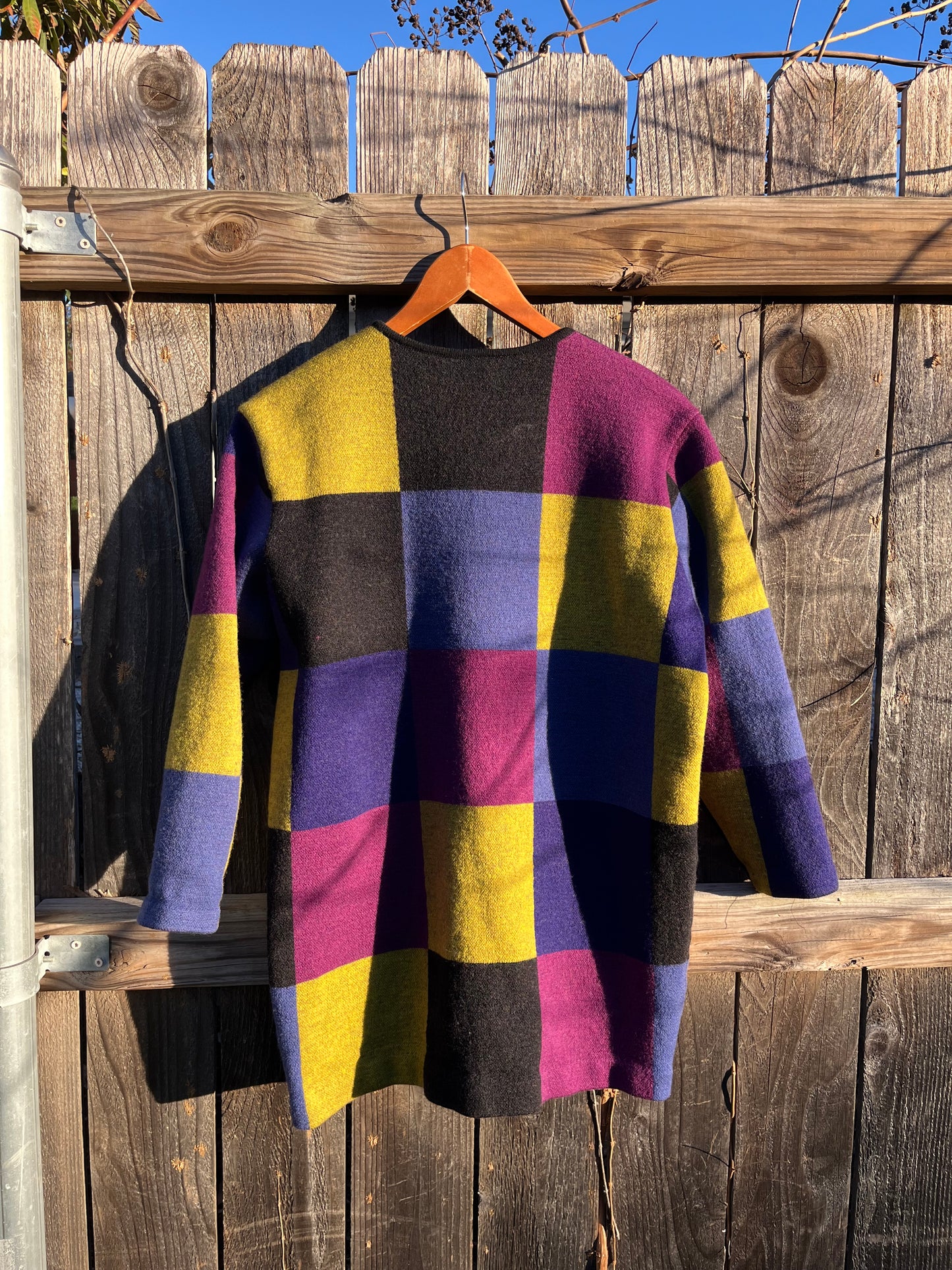 90s purple & chartreuse squares cardigan for anastasia