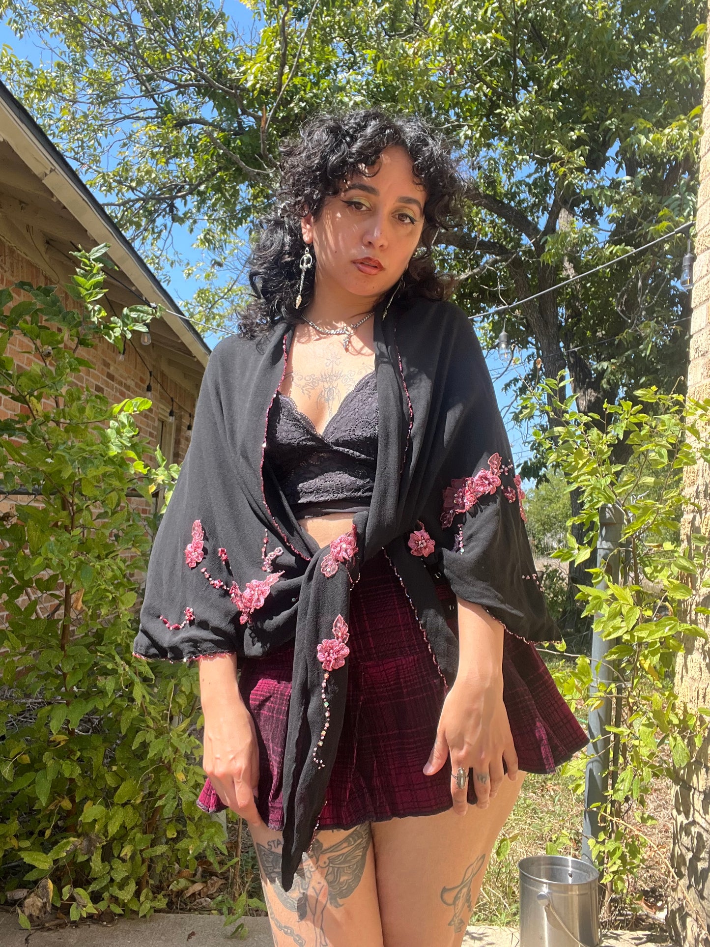 90s silk checkered button up + y2k silk shawl for ashley