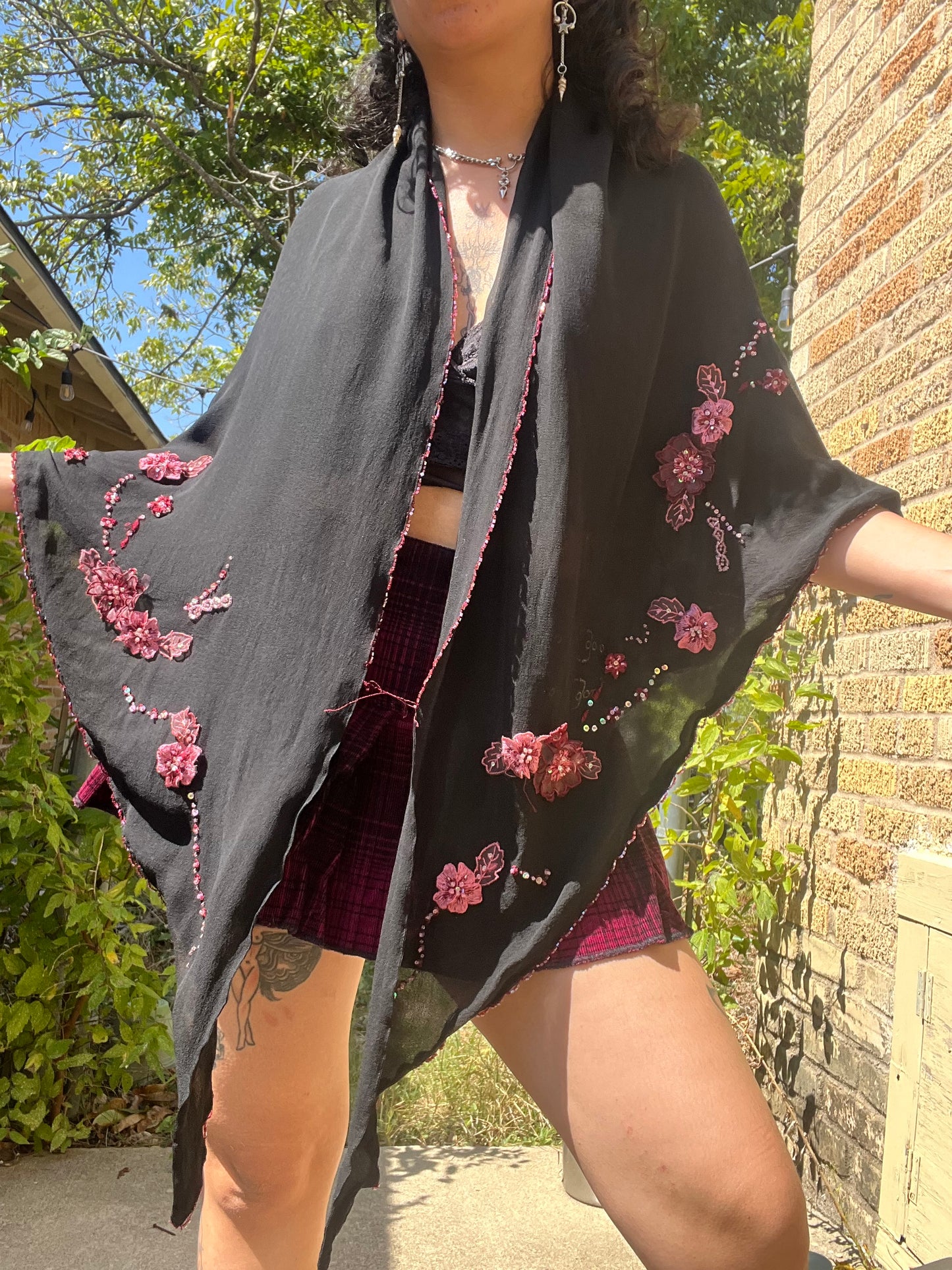 90s silk checkered button up + y2k silk shawl for ashley