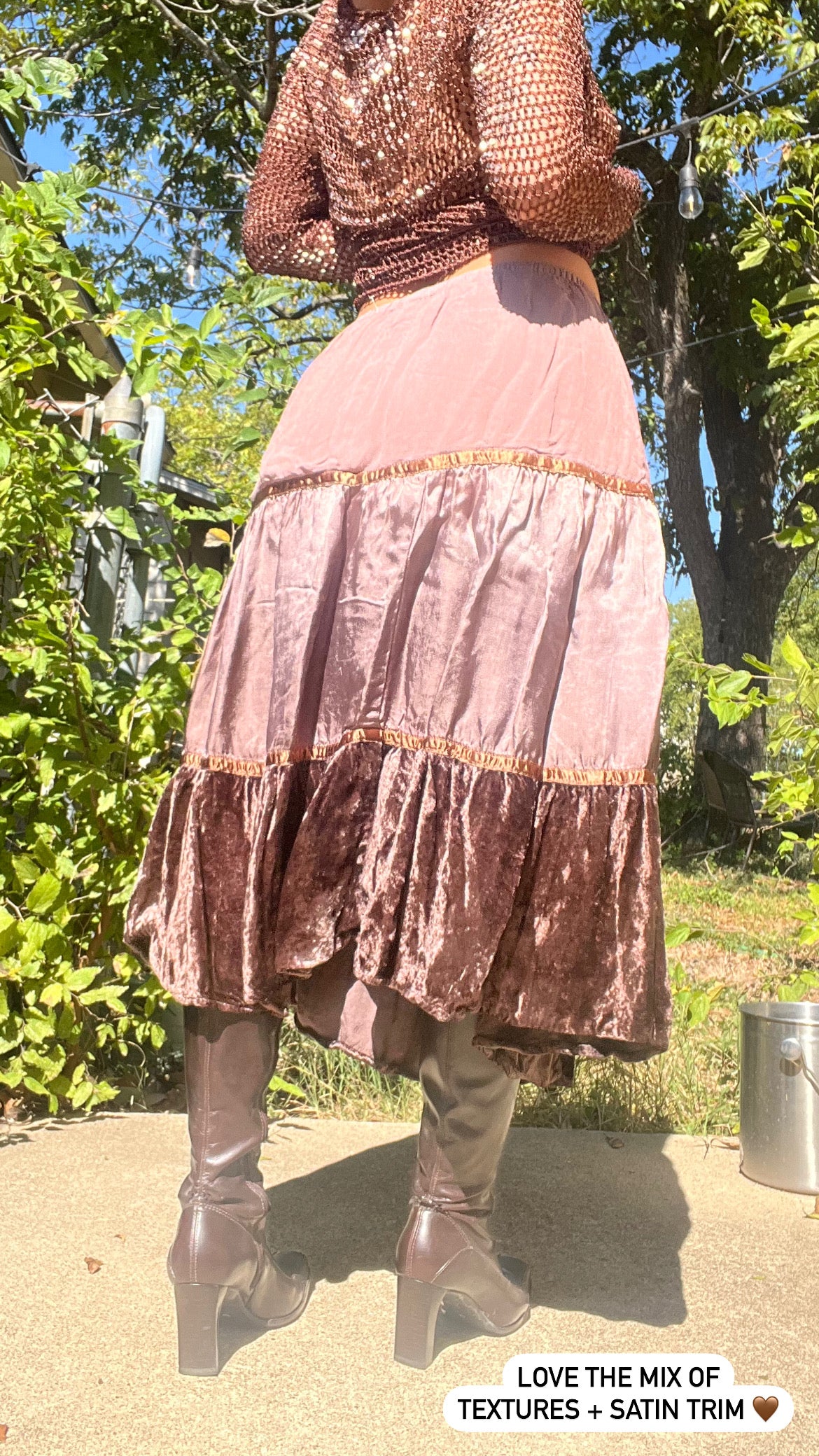 y2k rayon/ velvet skirt + brown leather backpack for micaela