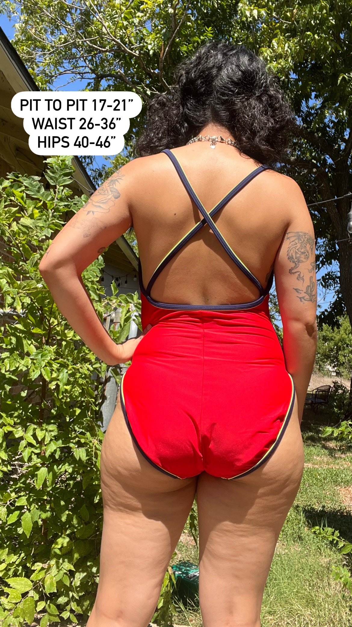 90s red/ navy swimsuit + camo accutrans hat for michelle
