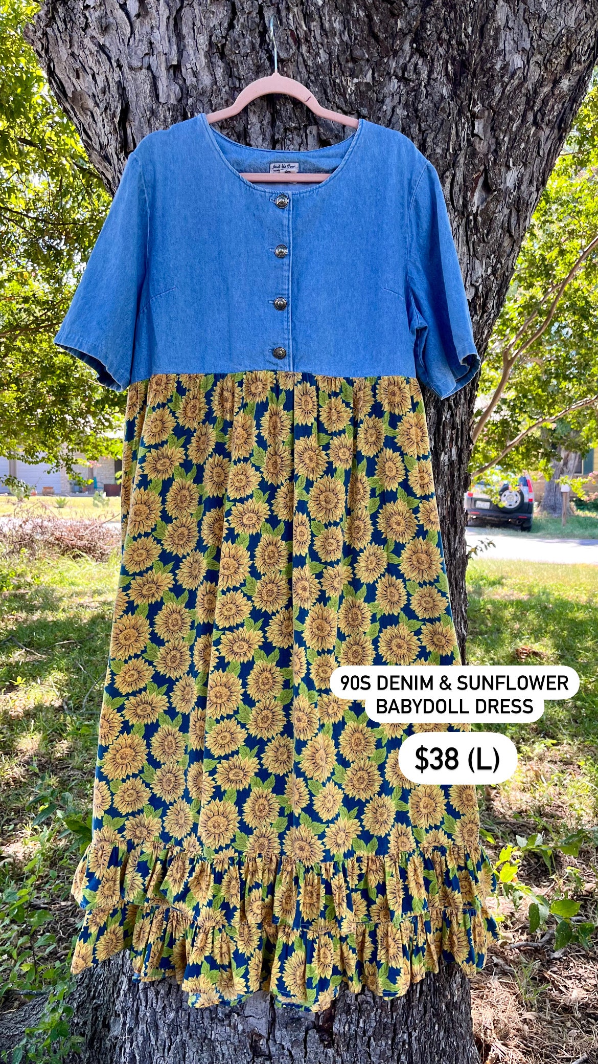 90s denim & sunflower babydoll dress for claire