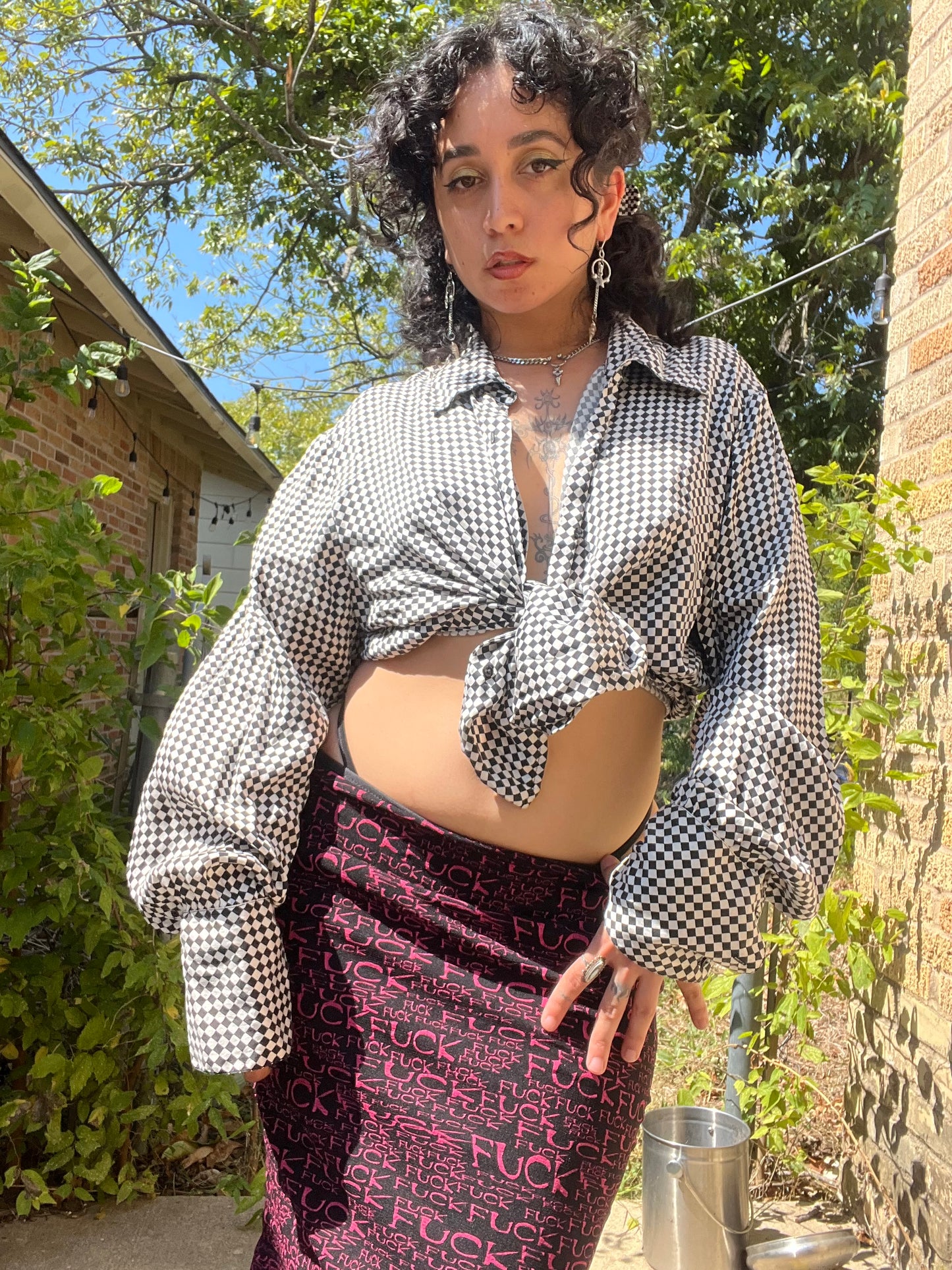90s silk checkered button up + y2k silk shawl for ashley