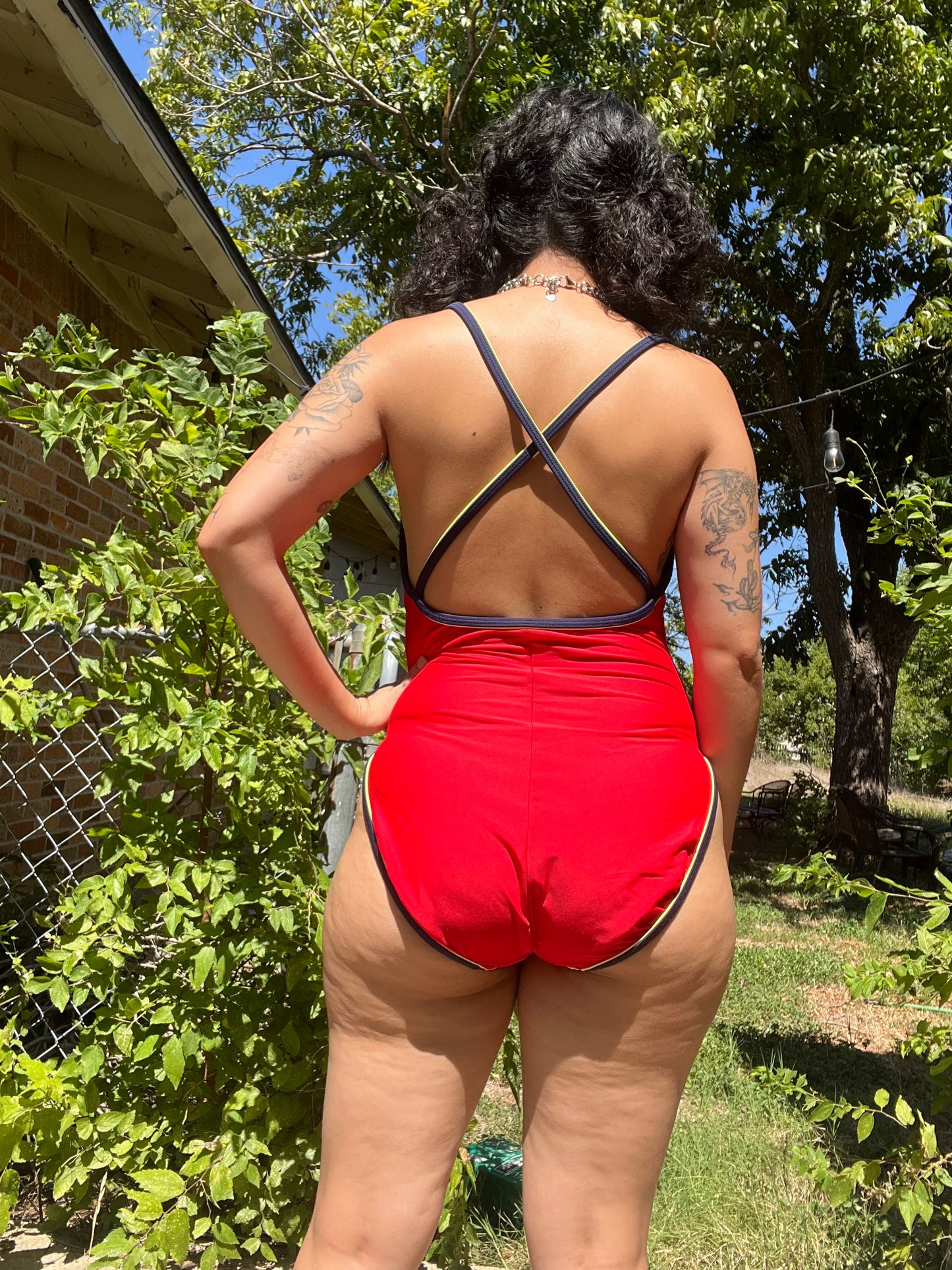 90s red/ navy swimsuit + camo accutrans hat for michelle