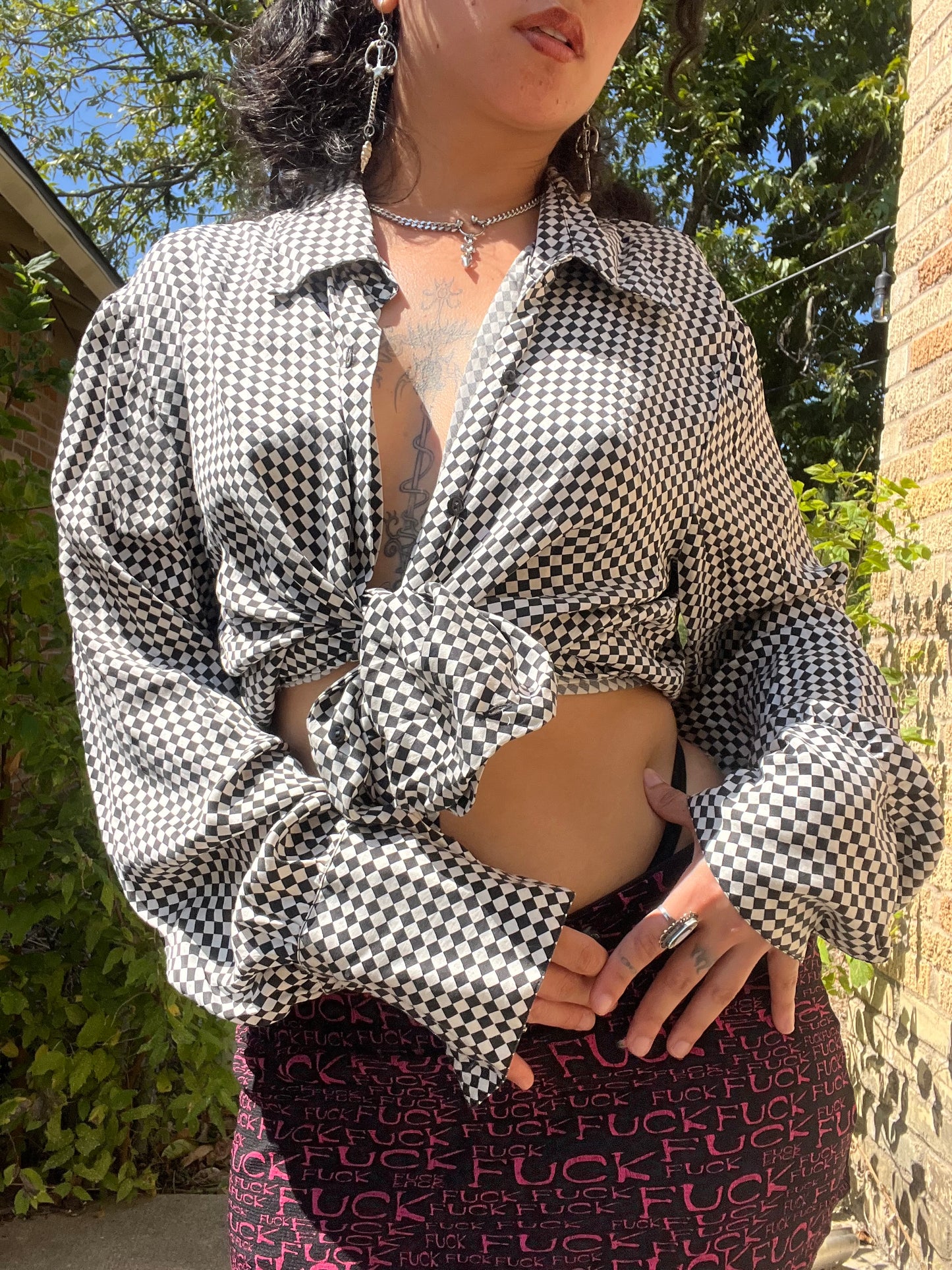 90s silk checkered button up + y2k silk shawl for ashley