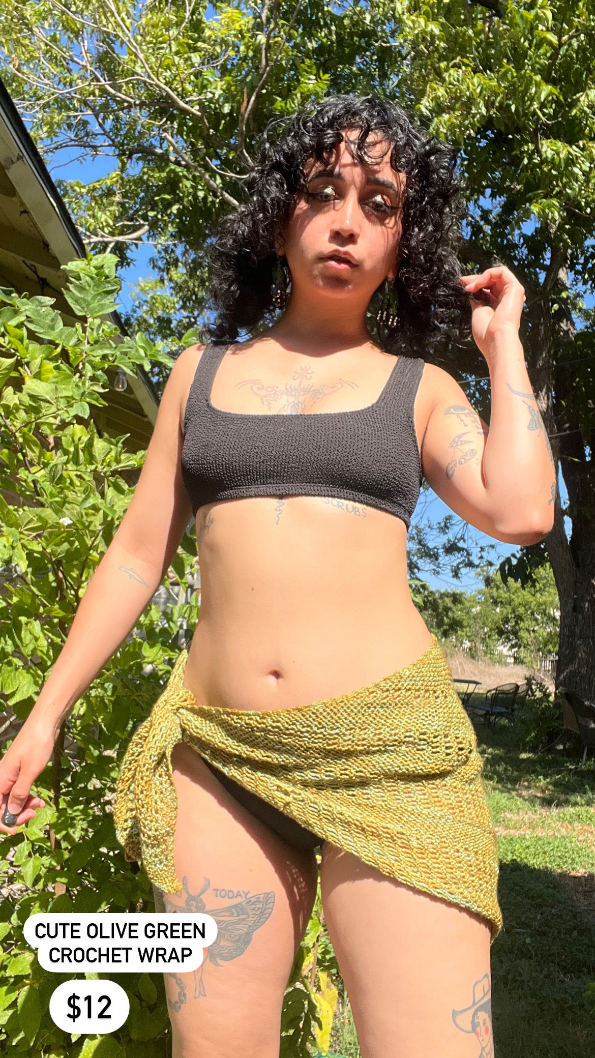 black & white frederick’s of hollywood swim bottoms + crochet wrap for jade