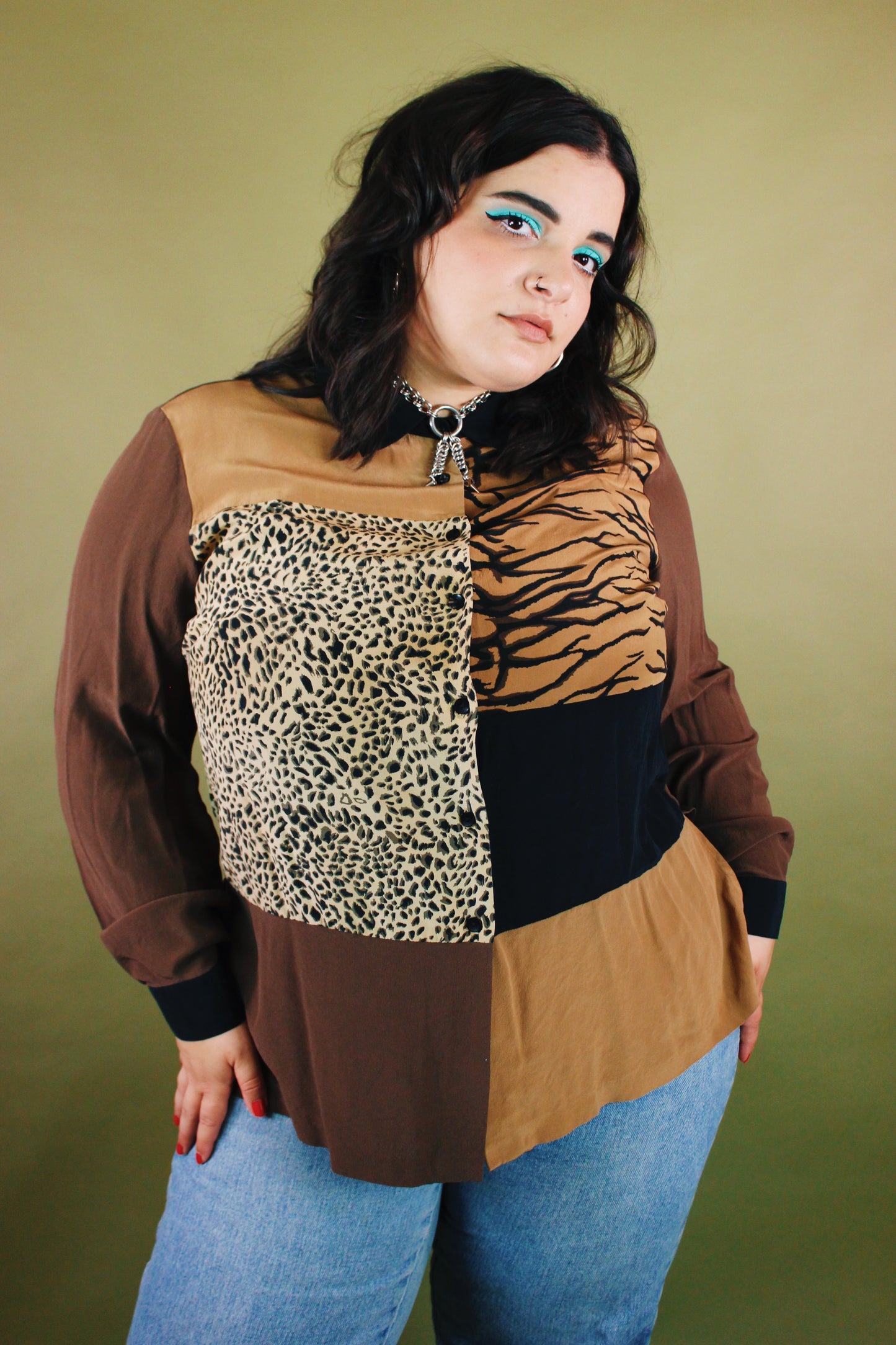 1990s Colorblock Big Cat Silk Button Up