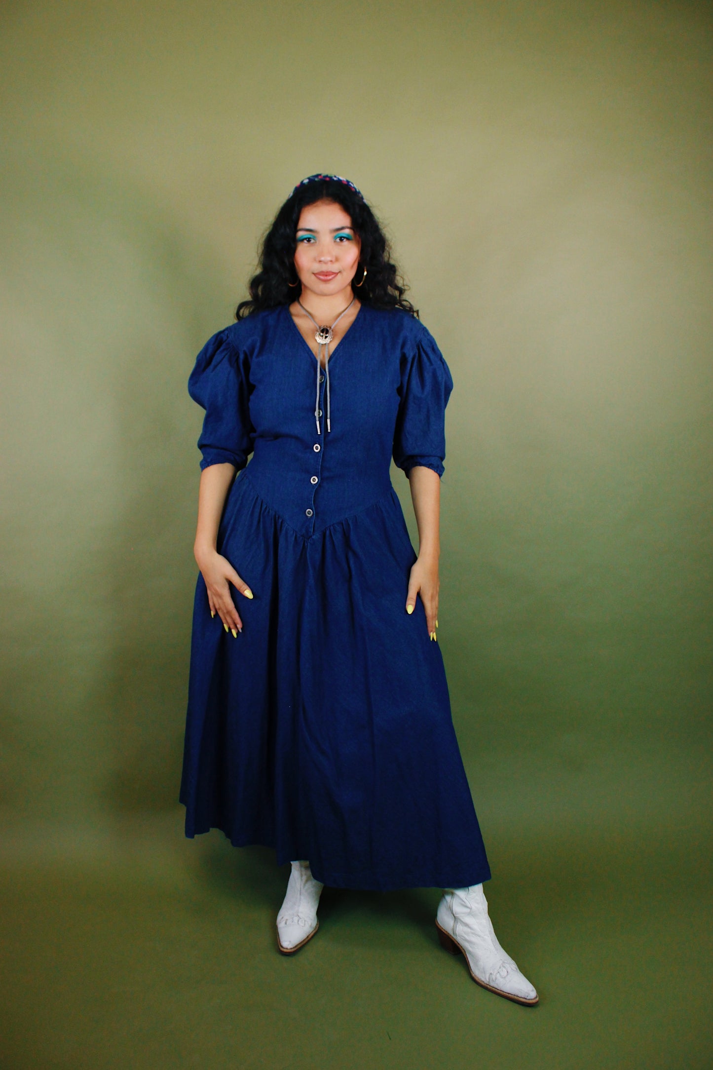 1980s Puff Sleeve Denim Maxi