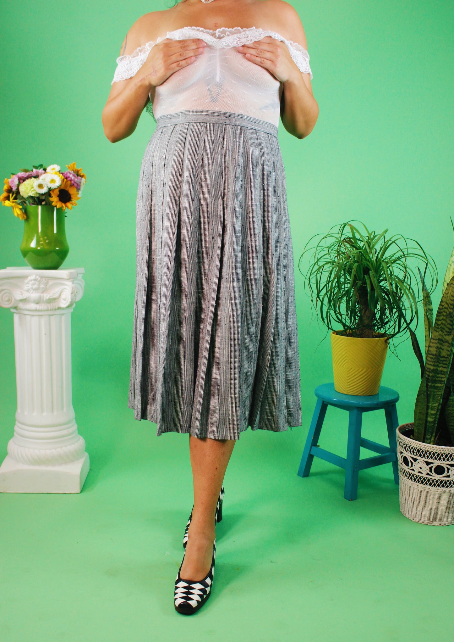 1980/90s Micro-Plaid Pleated Maxi Skirt