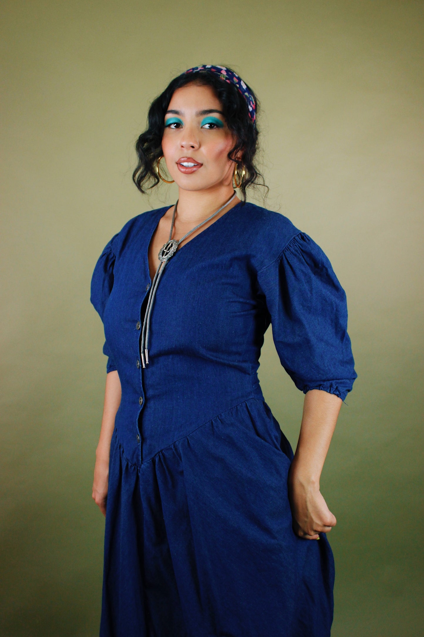 1980s Puff Sleeve Denim Maxi