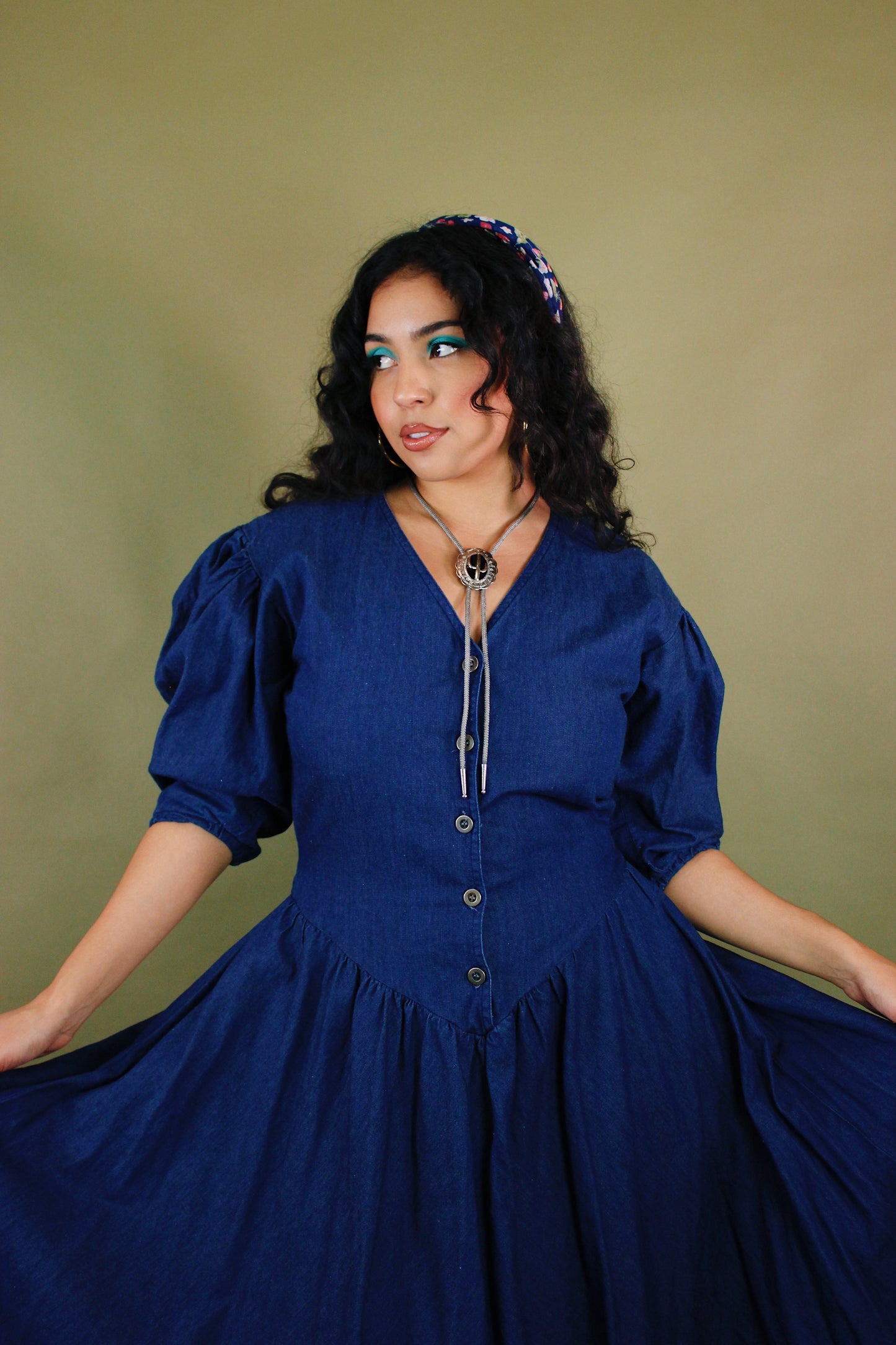 1980s Puff Sleeve Denim Maxi