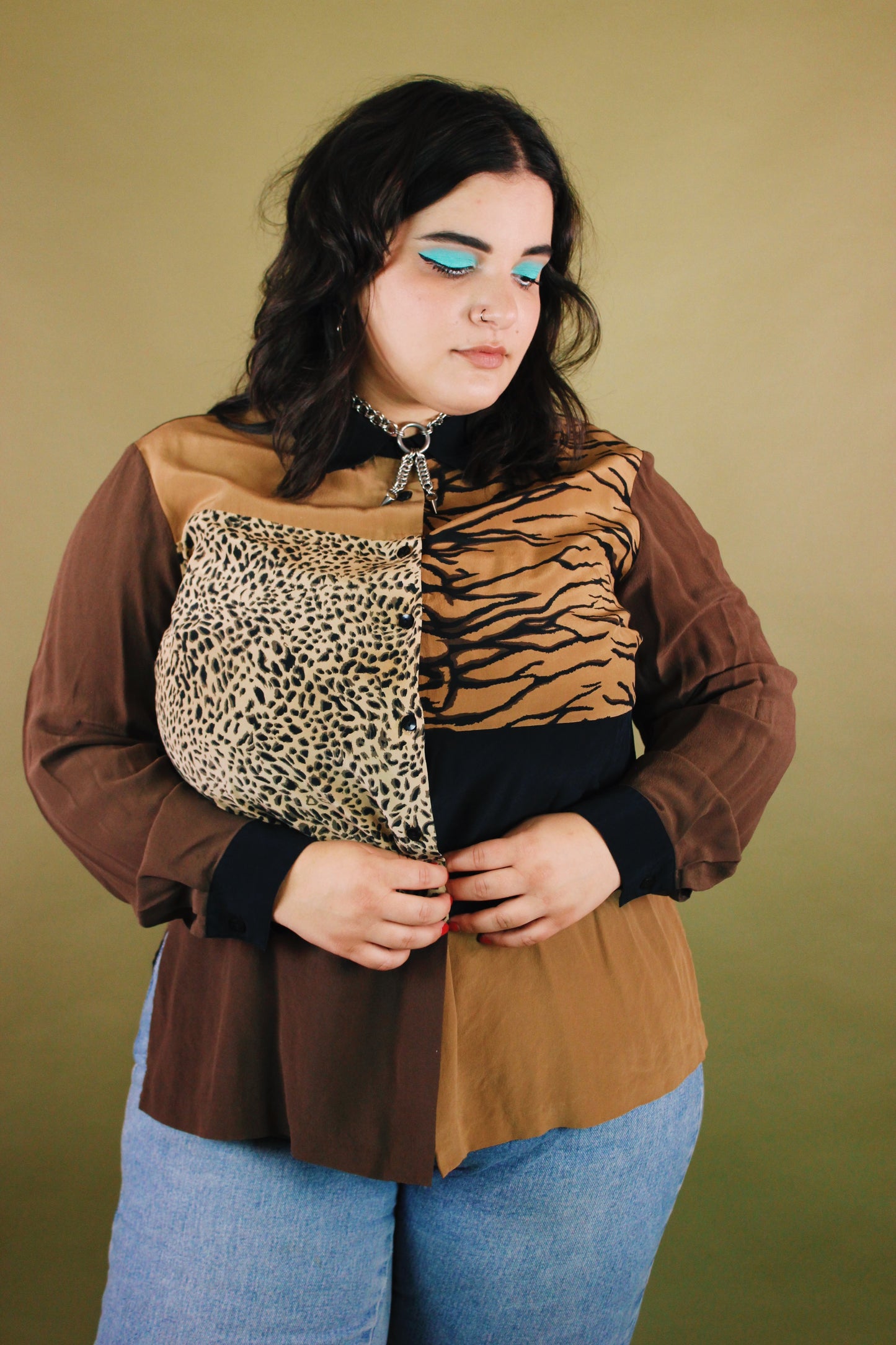 1990s Colorblock Big Cat Silk Button Up