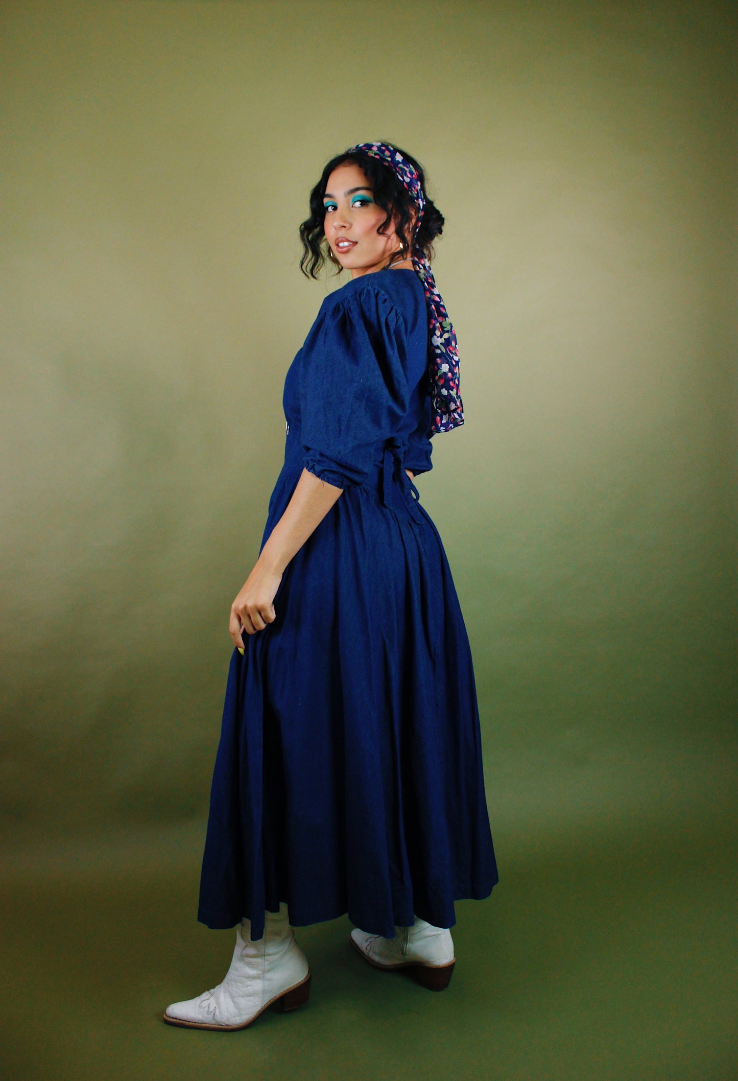 1980s Puff Sleeve Denim Maxi