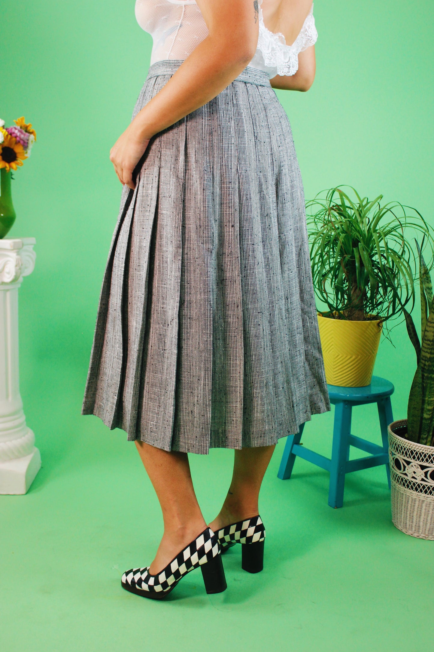 1980/90s Micro-Plaid Pleated Maxi Skirt