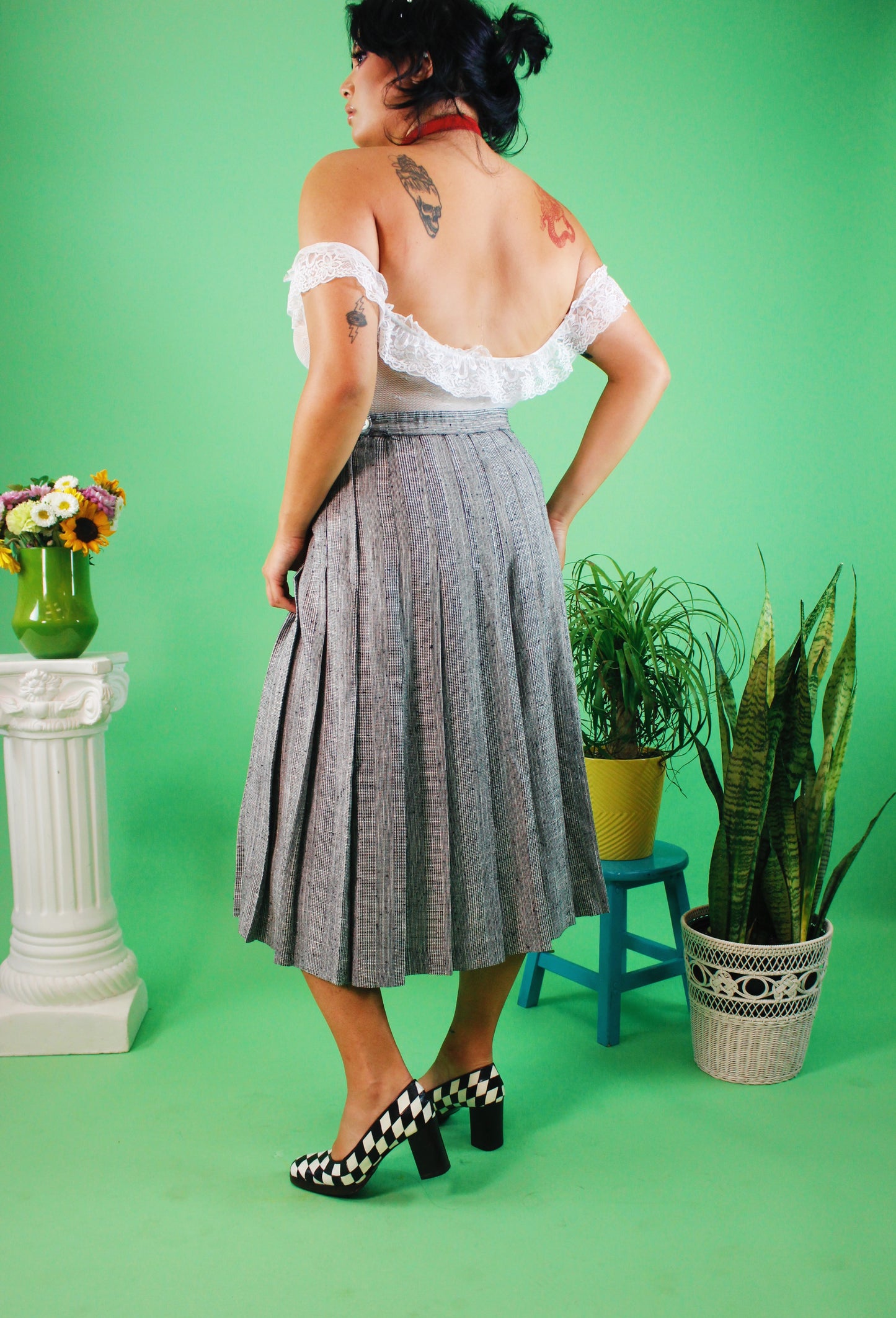 1980/90s Micro-Plaid Pleated Maxi Skirt
