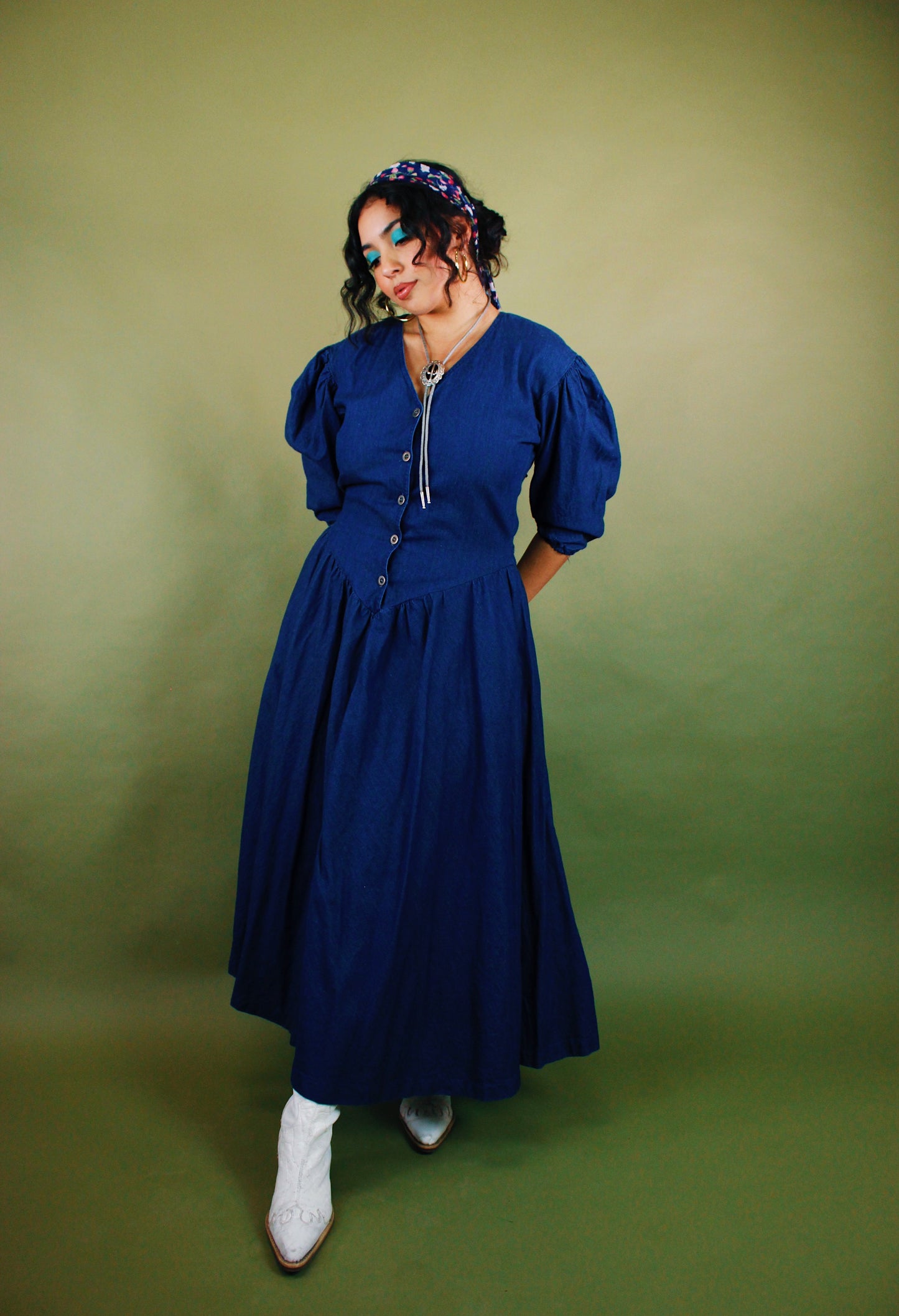 1980s Puff Sleeve Denim Maxi