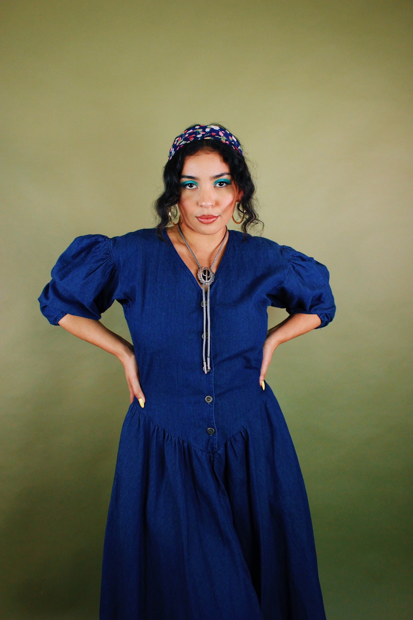 1980s Puff Sleeve Denim Maxi