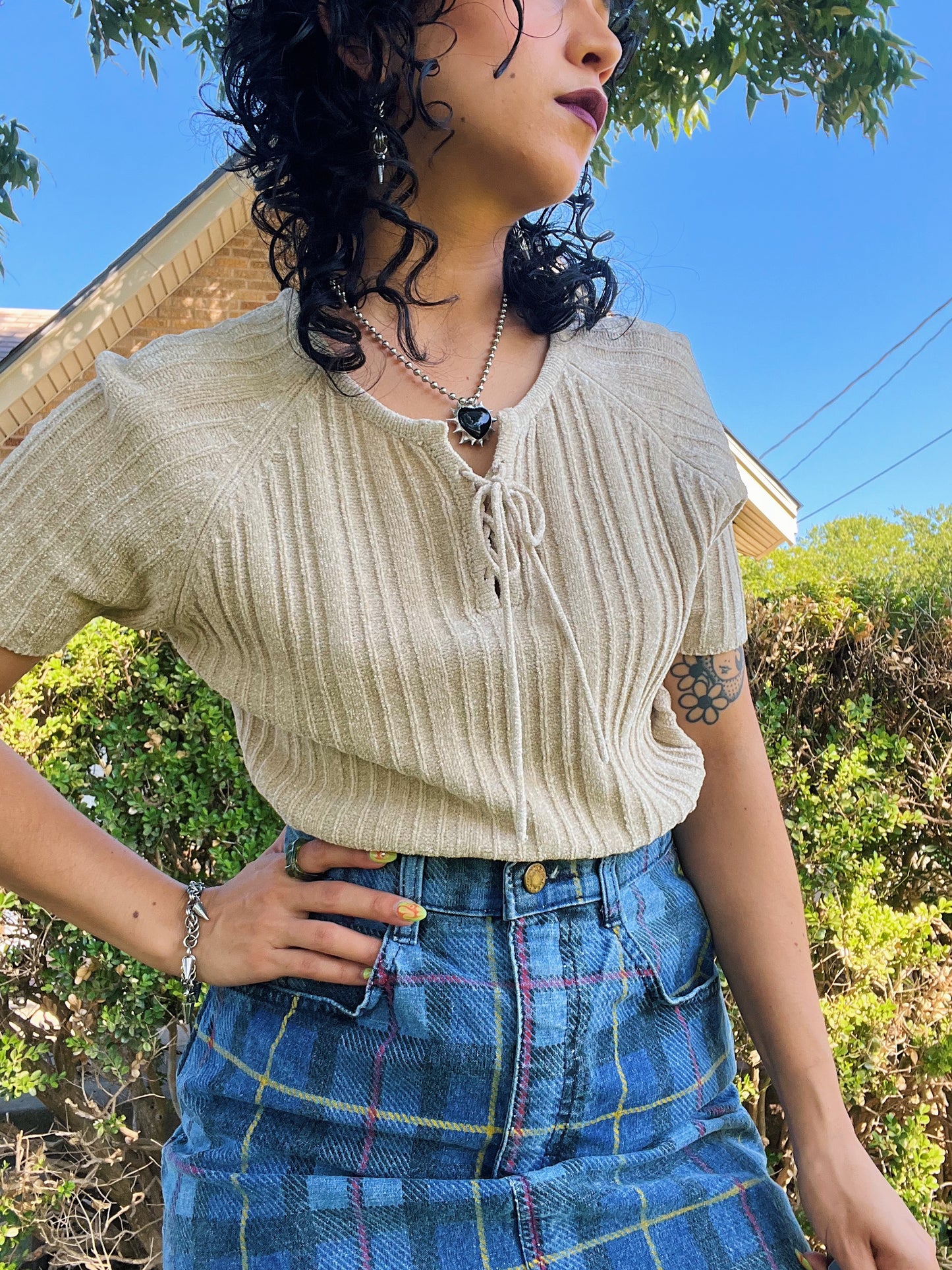 1990s Lace Up Sweater Top