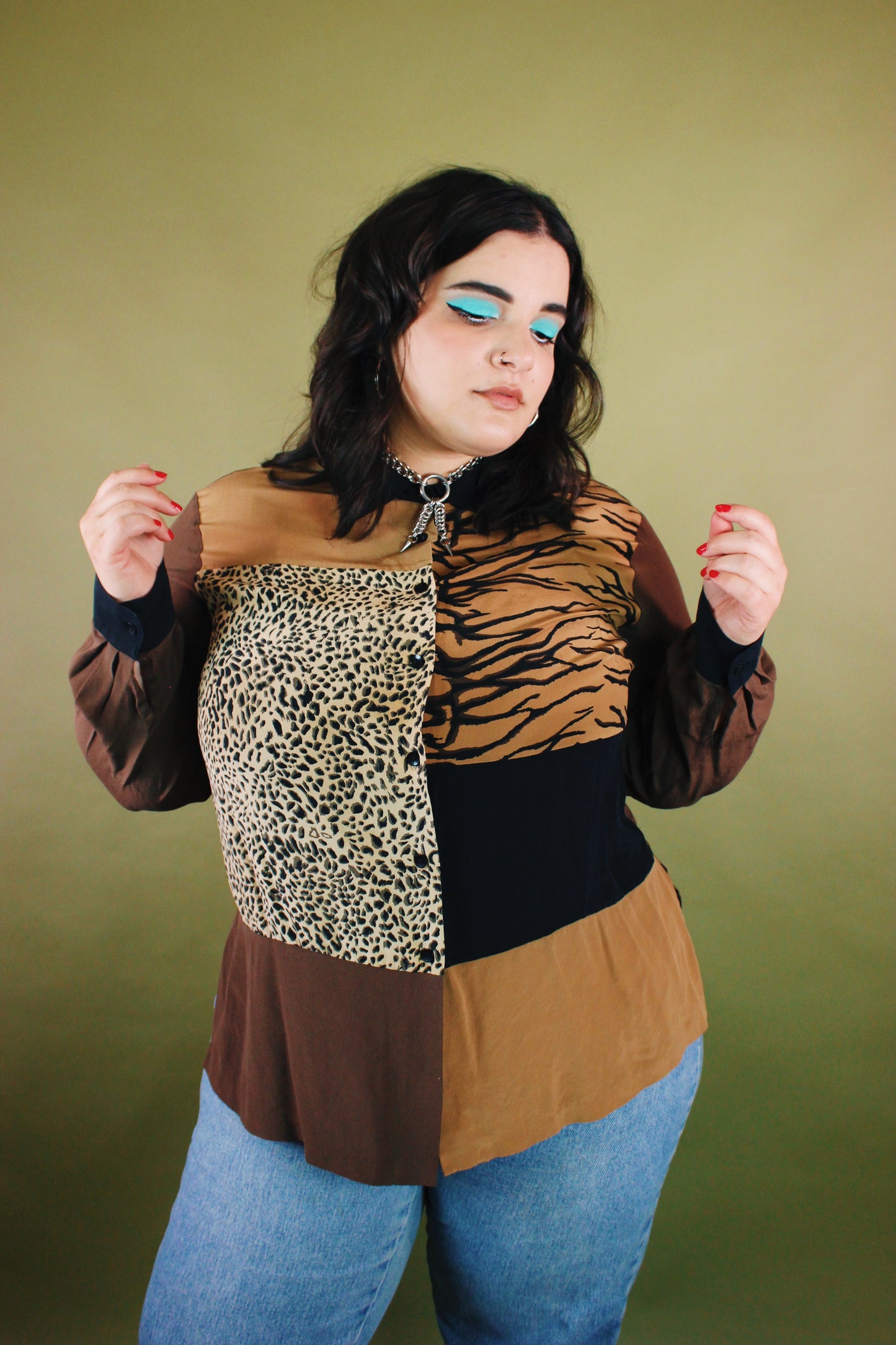 1990s Colorblock Big Cat Silk Button Up