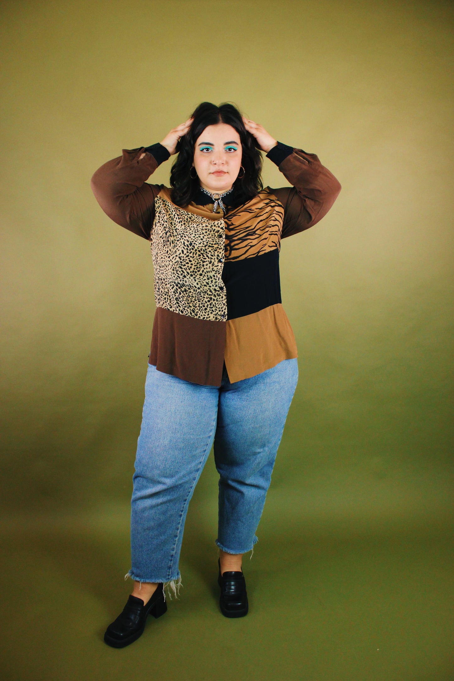 1990s Colorblock Big Cat Silk Button Up