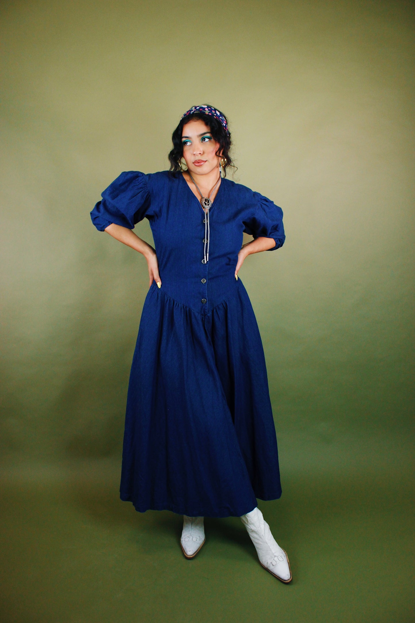 1980s Puff Sleeve Denim Maxi