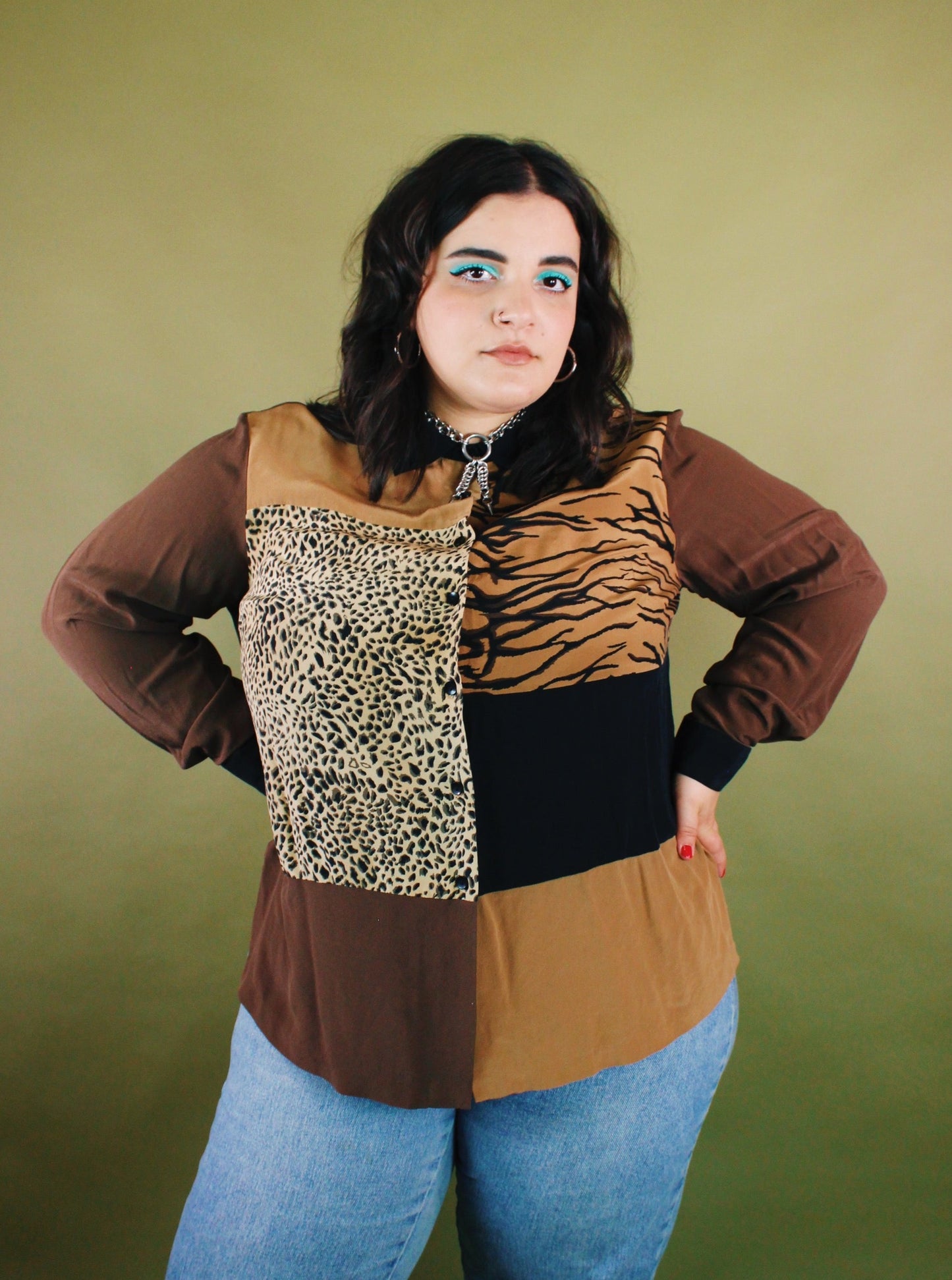 1990s Colorblock Big Cat Silk Button Up