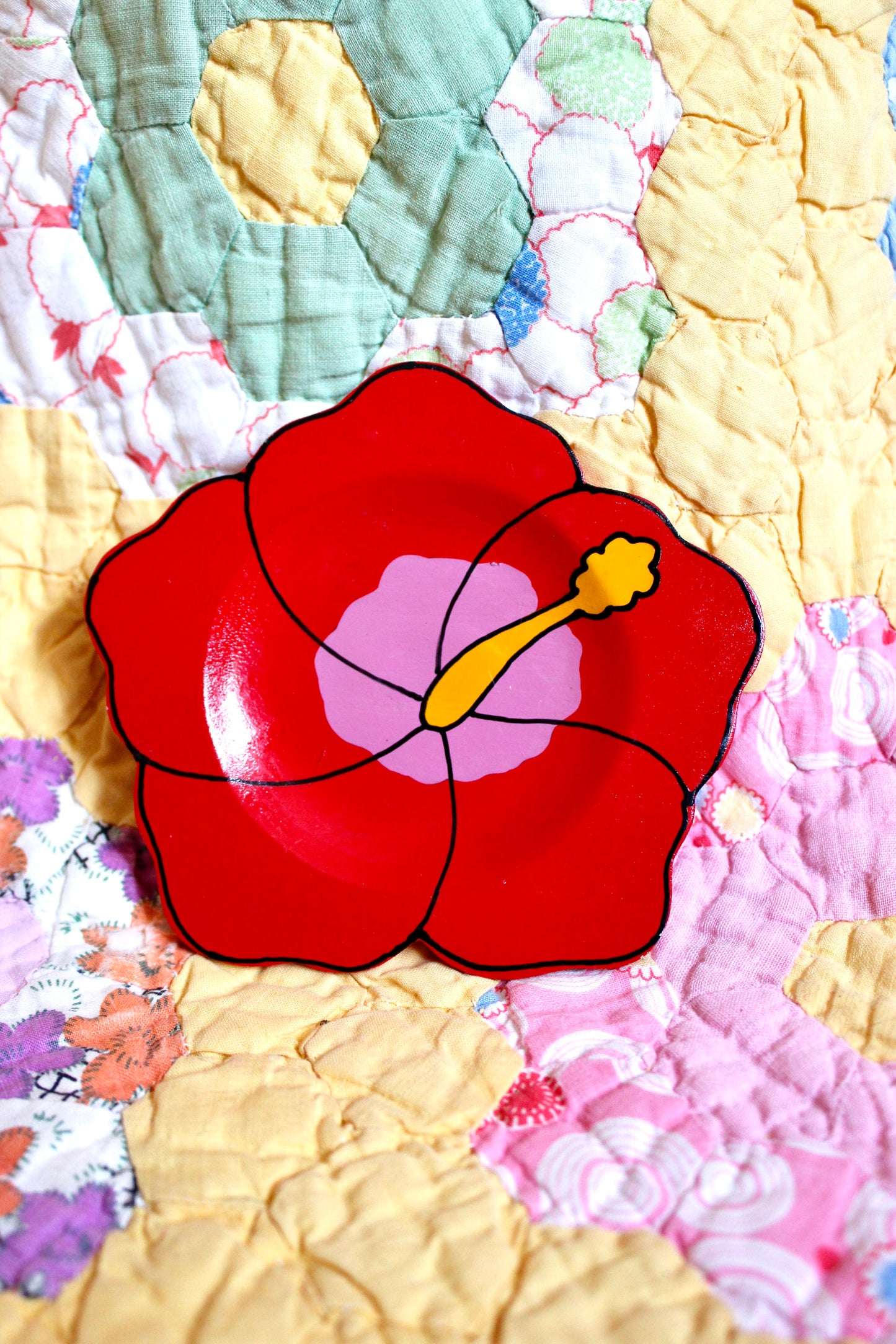 1970s Wooden Hibiscus Flower Coaster