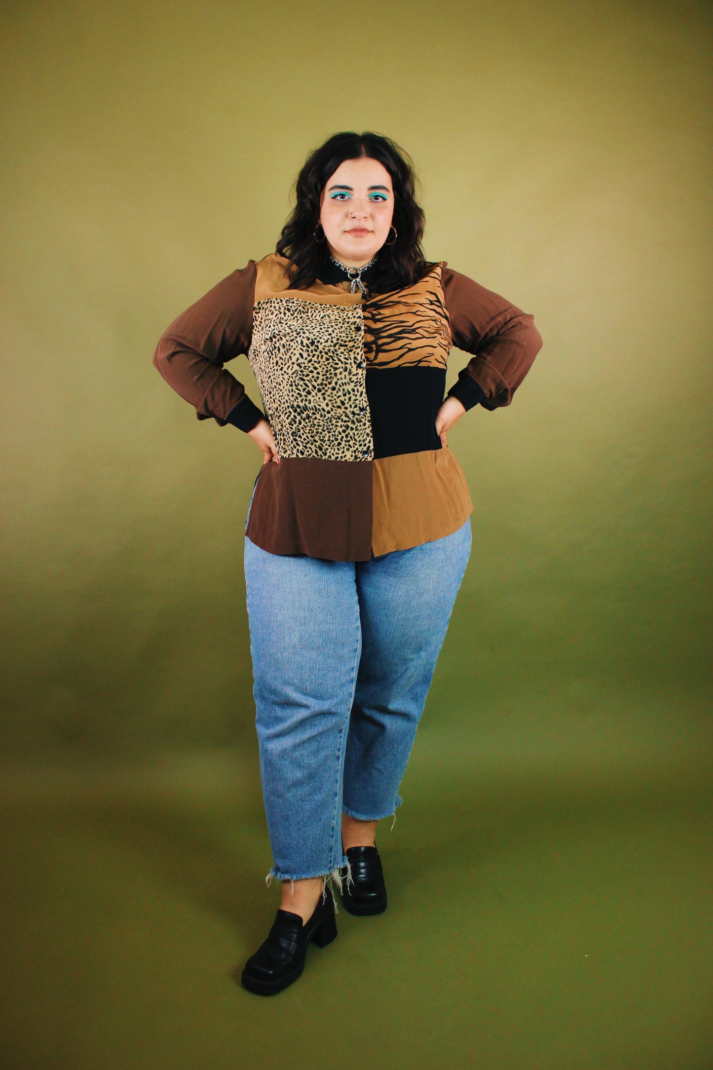 1990s Colorblock Big Cat Silk Button Up