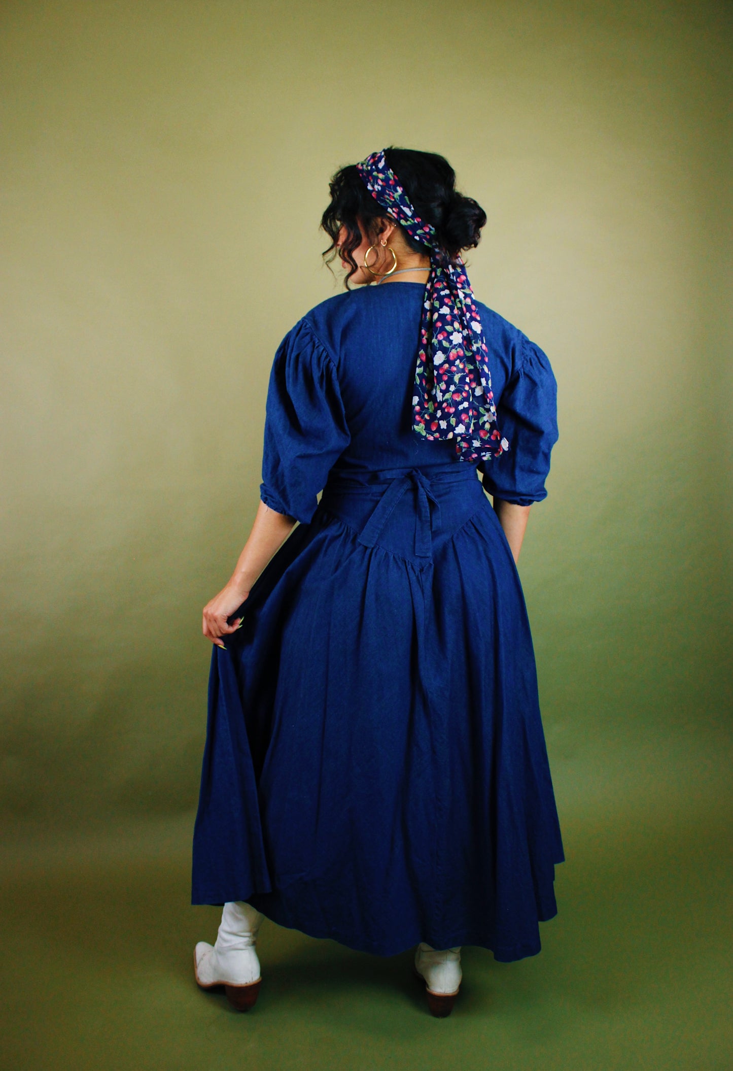 1980s Puff Sleeve Denim Maxi