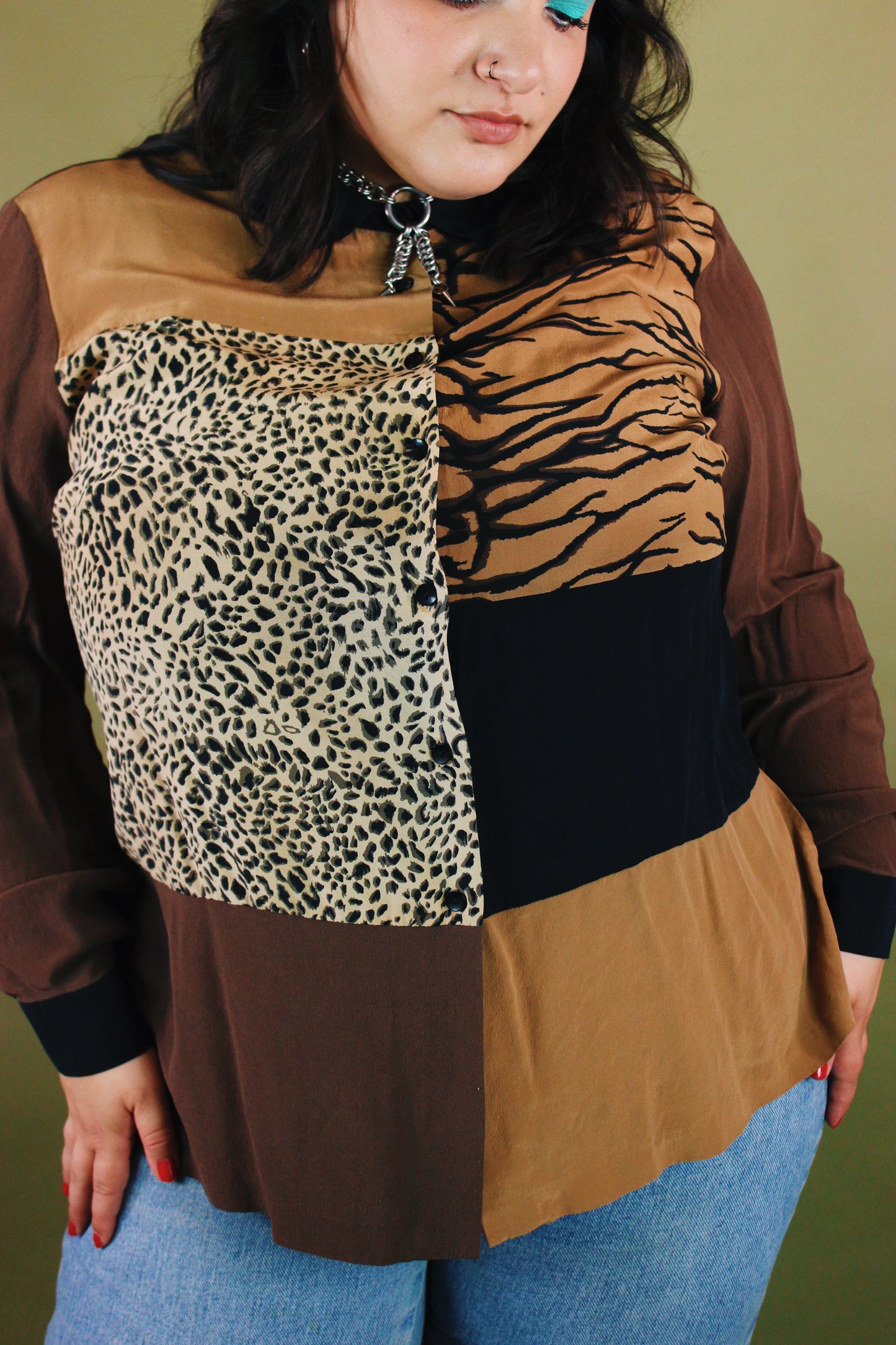 1990s Colorblock Big Cat Silk Button Up