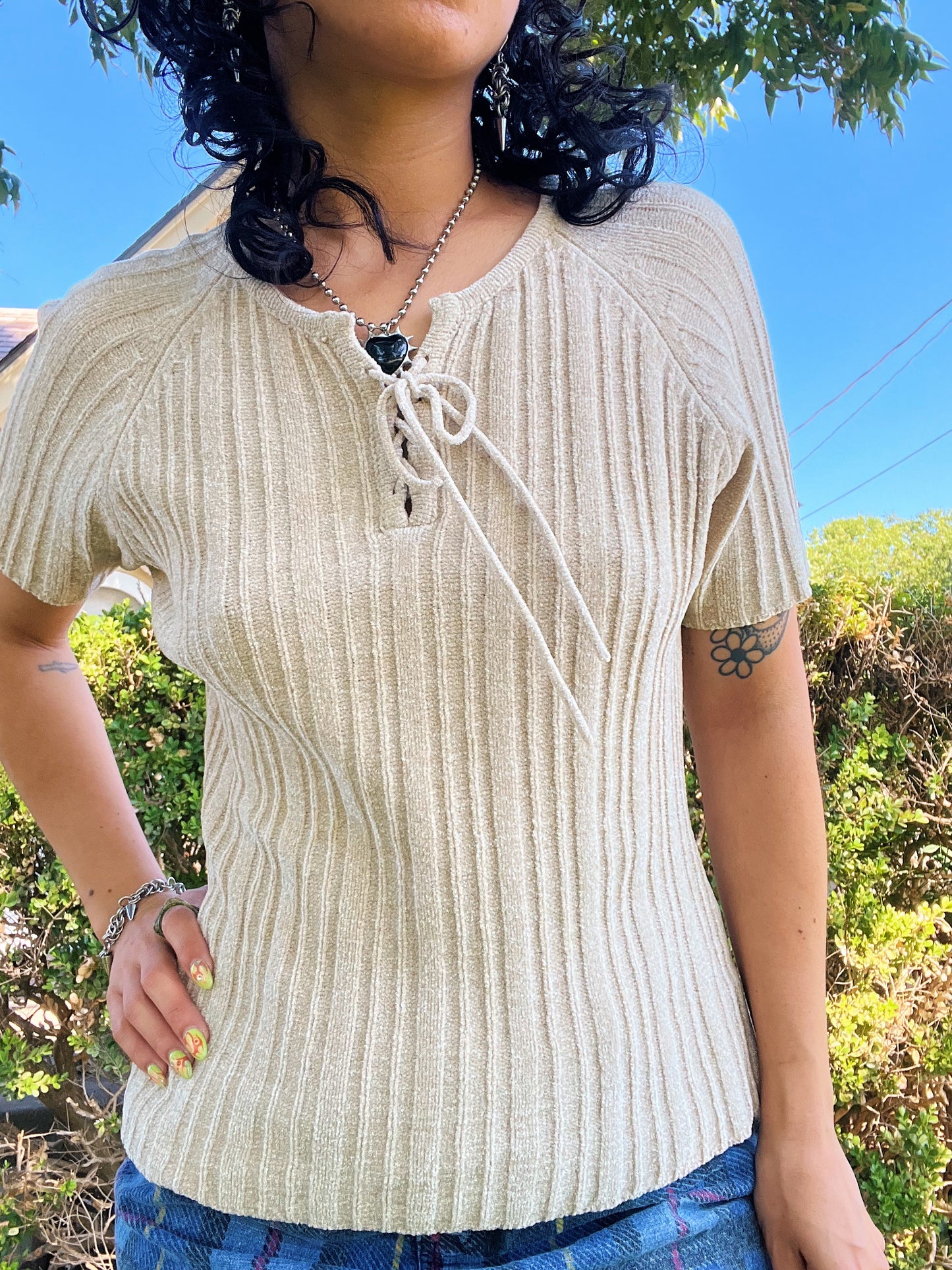 1990s Lace Up Sweater Top