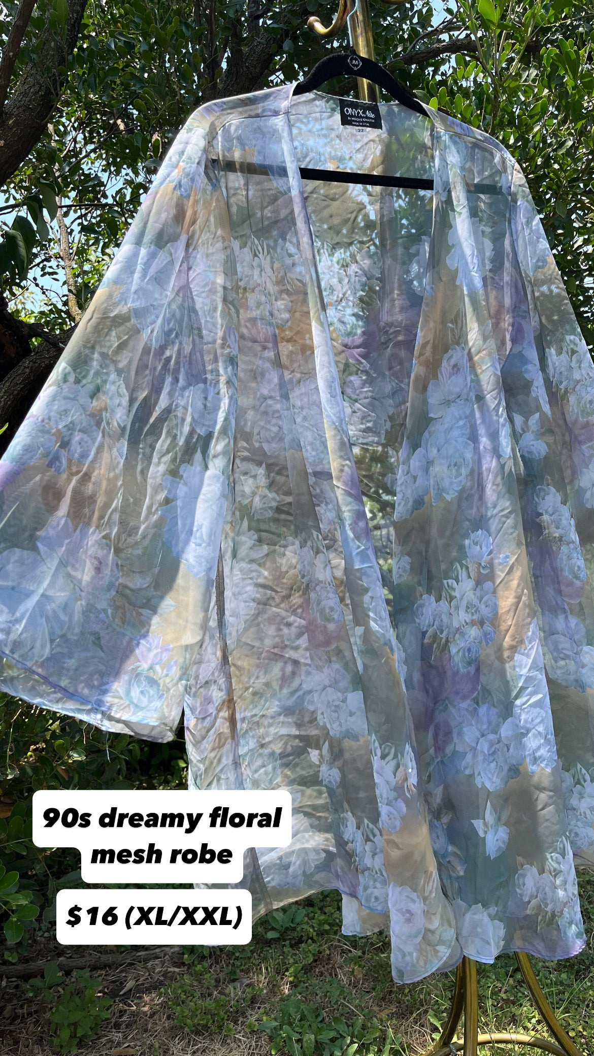 90s dreamy floral robe + black/ blue floral maxi skirt for maya