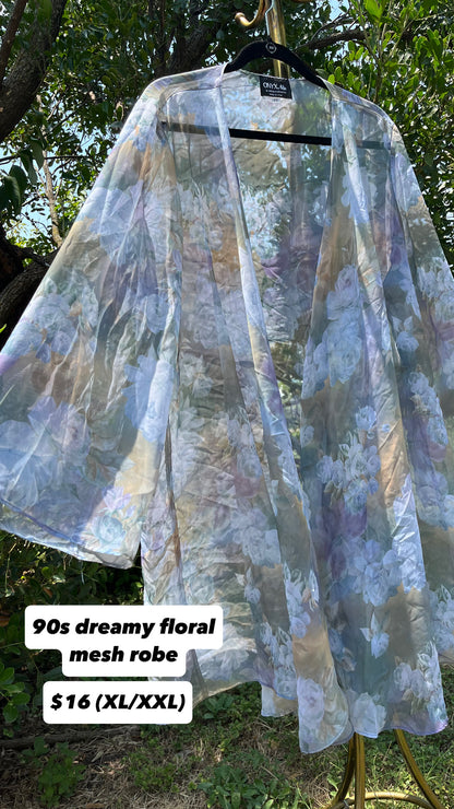 90s dreamy floral robe + black/ blue floral maxi skirt for maya